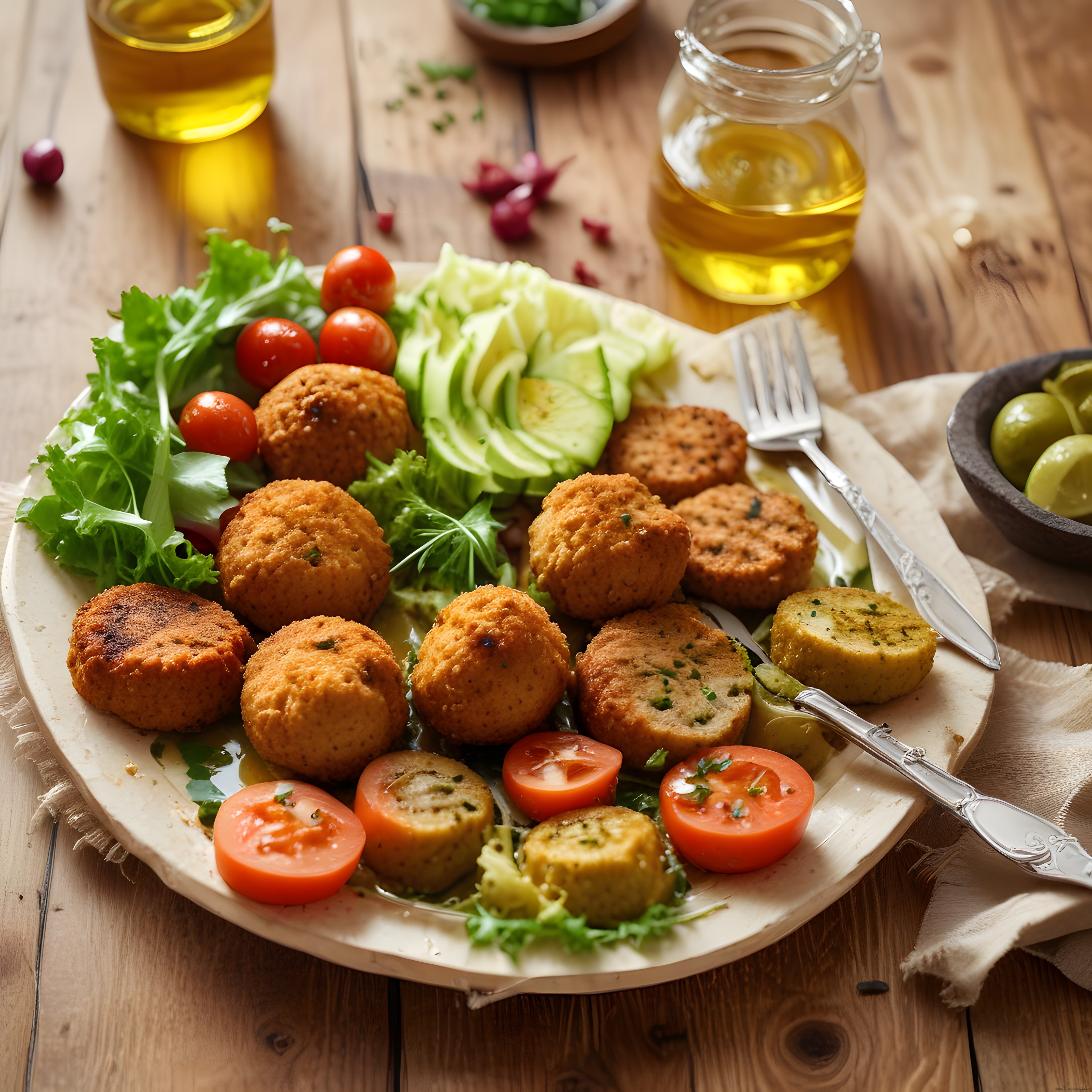 Ahşap Masa Üzerinde Ev Yapımı Falafel ve Taze Sebze Salatası Sunumu
