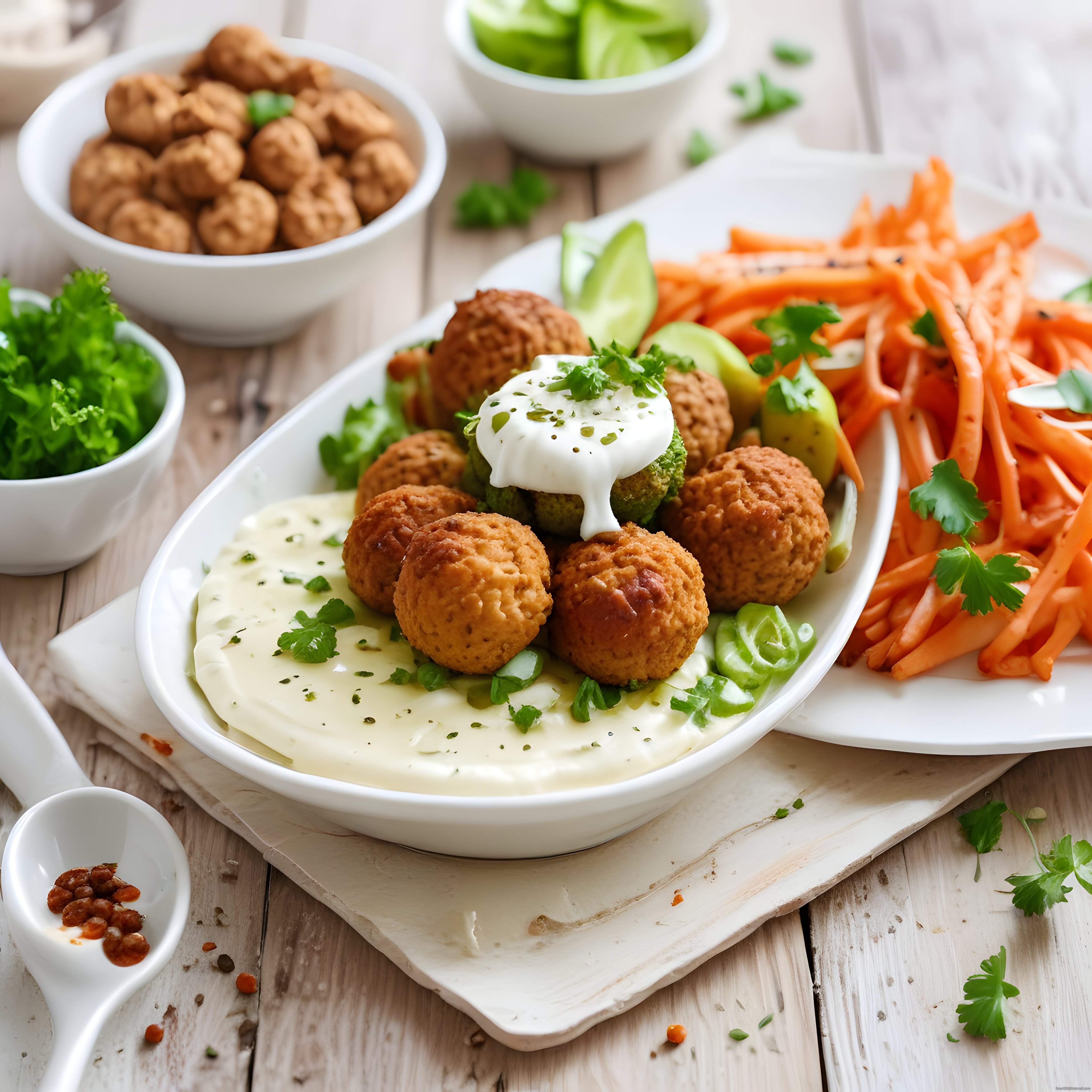 Ahşap Masa Üzerinde Falafel ve Renkli Sebzelerle Şık Sunum Tabağı