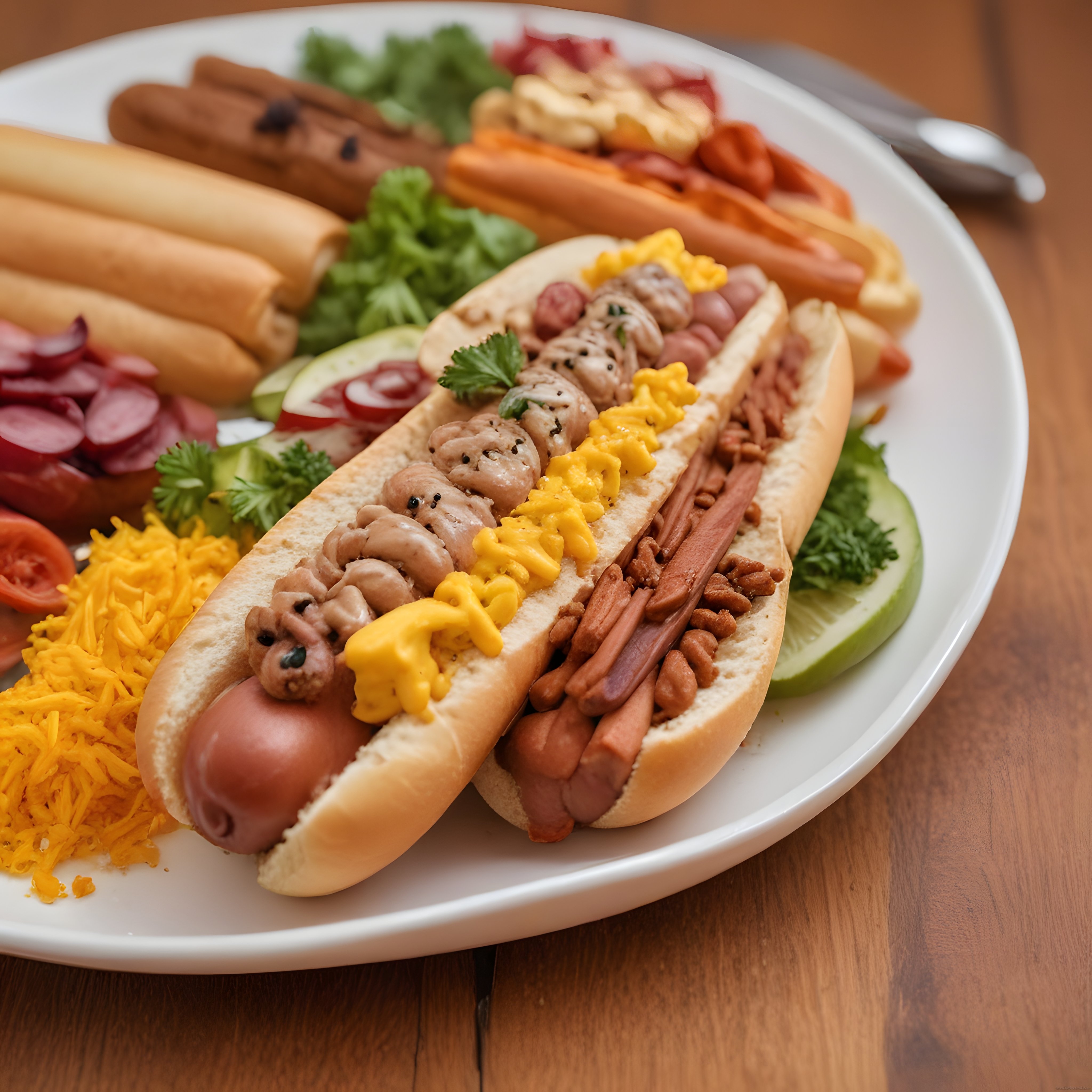 Ahşap Masa Üzerinde Garnitürleriyle Birlikte Servis Edilmiş Çeşitli Hot Doglar