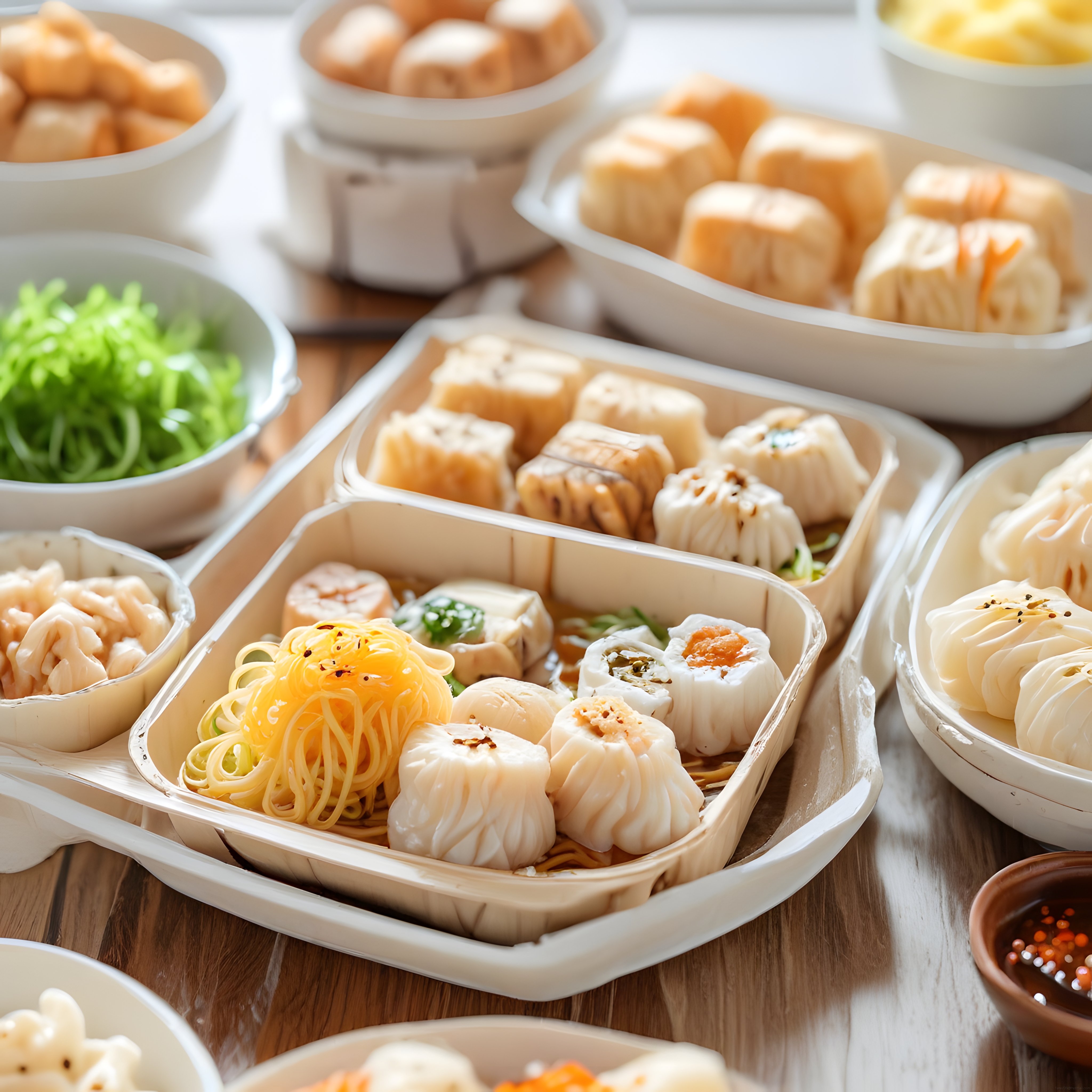 Ahşap Masa Üzerinde Geleneksel Çin Dim Sum ve Asya Mutfağı Lezzetleri