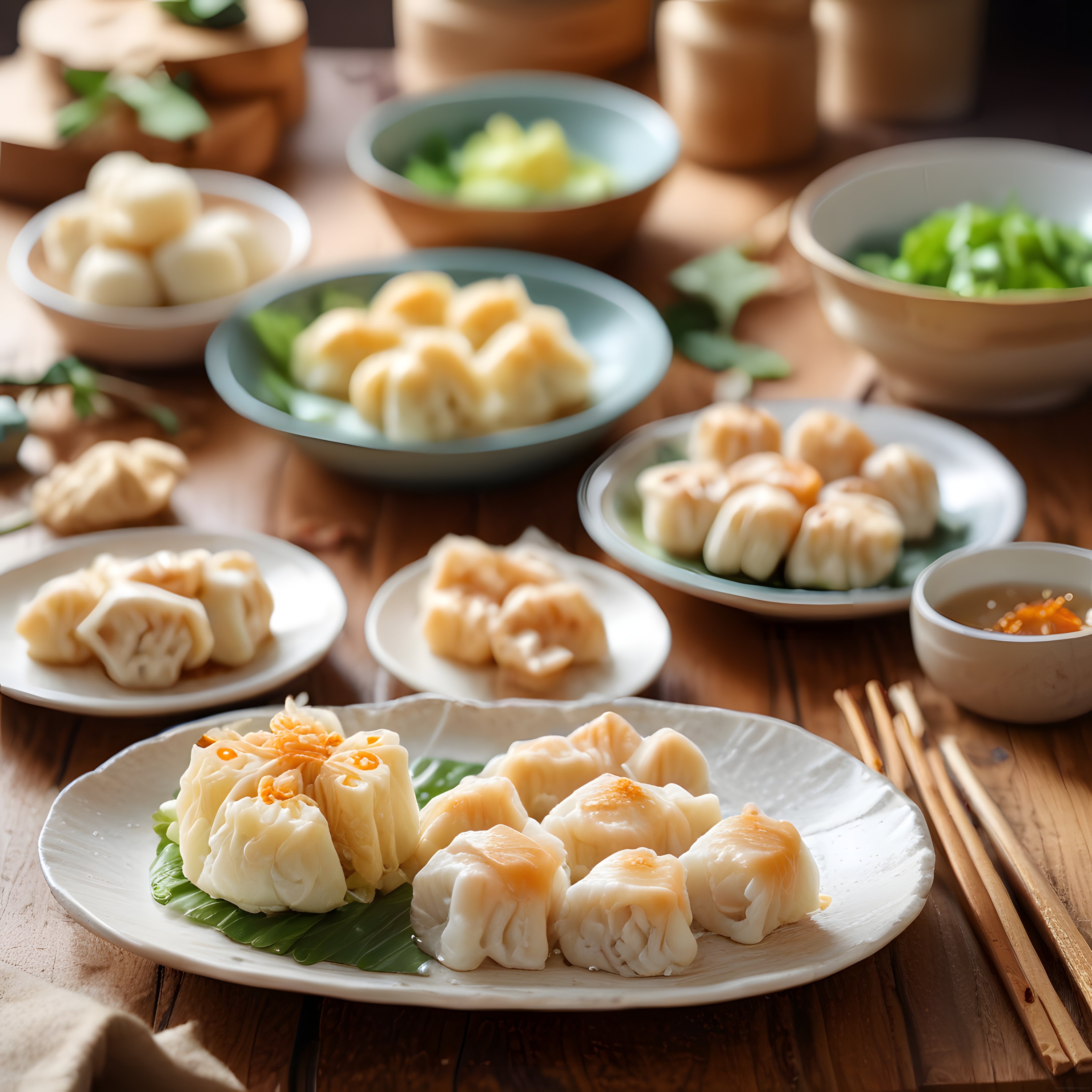 Ahşap Masa Üzerinde Geleneksel Çin Dim Sum ve Buharda Pişmiş Mantı Sunumu
