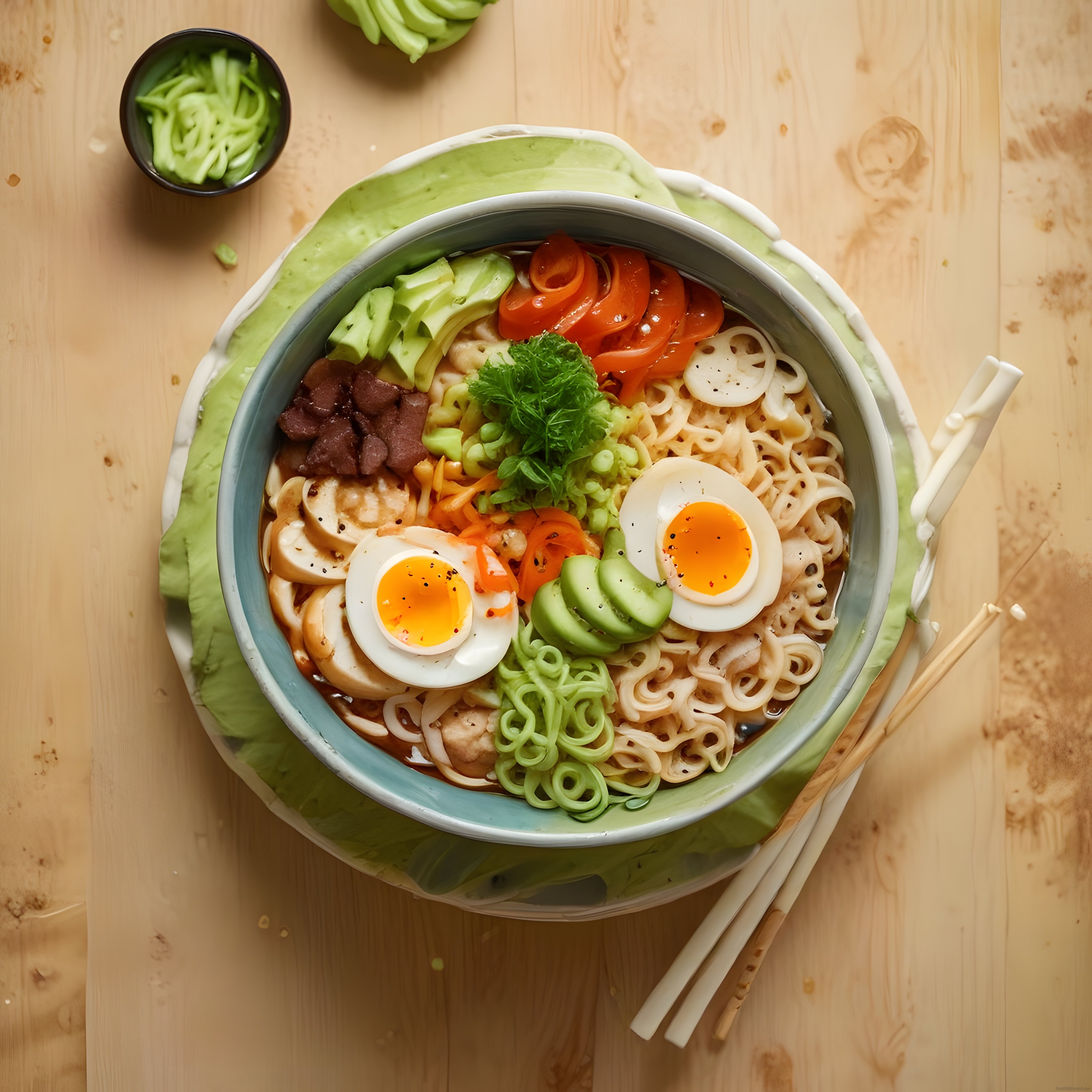 Ahşap Masa Üzerinde Görsel Şölen: Renkli Ramen Kasesi ve Taze Malzemeler