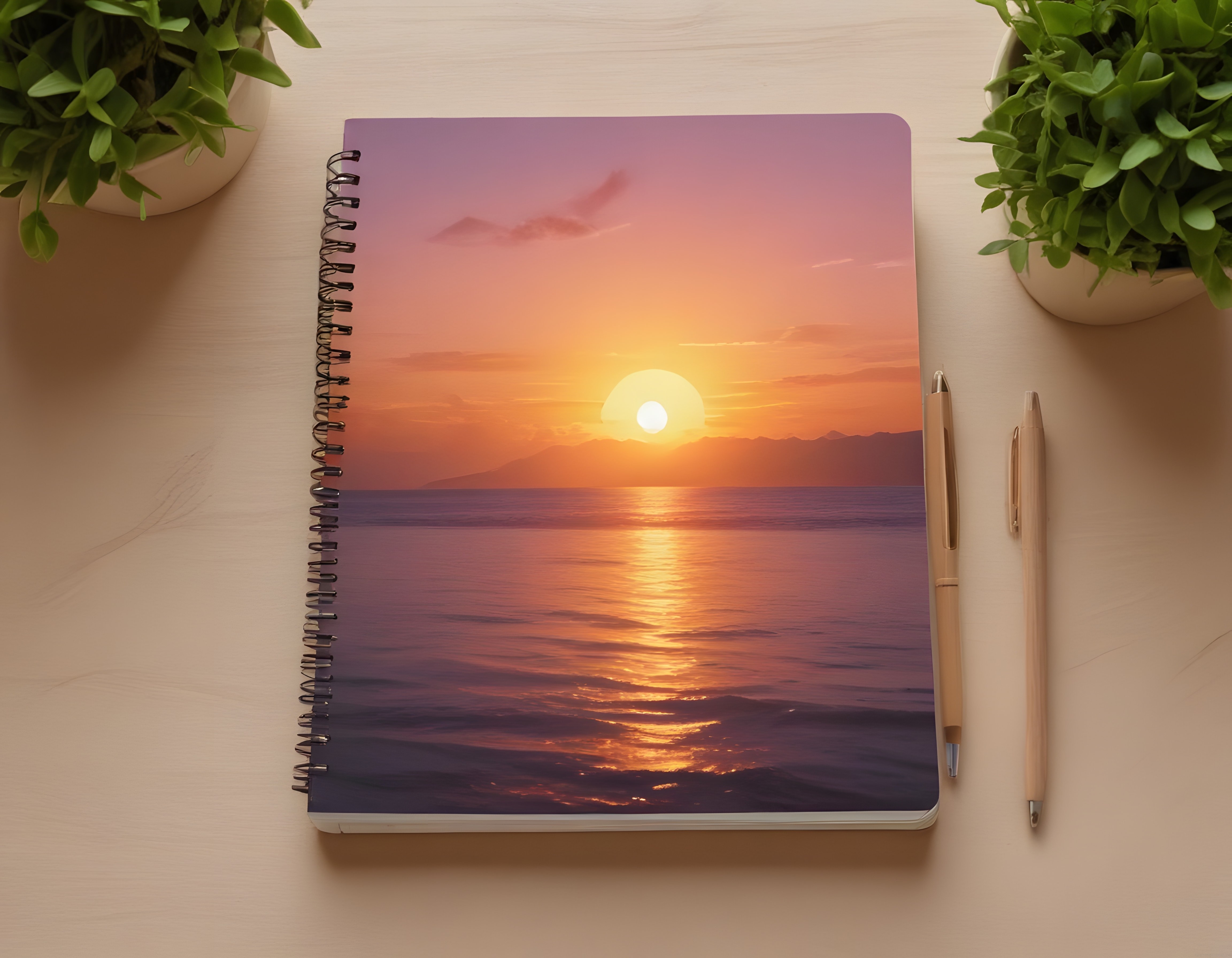 Ahşap Masa Üzerinde Gün Batımı Manzaralı Spiral Defter ve Aksesuarlar