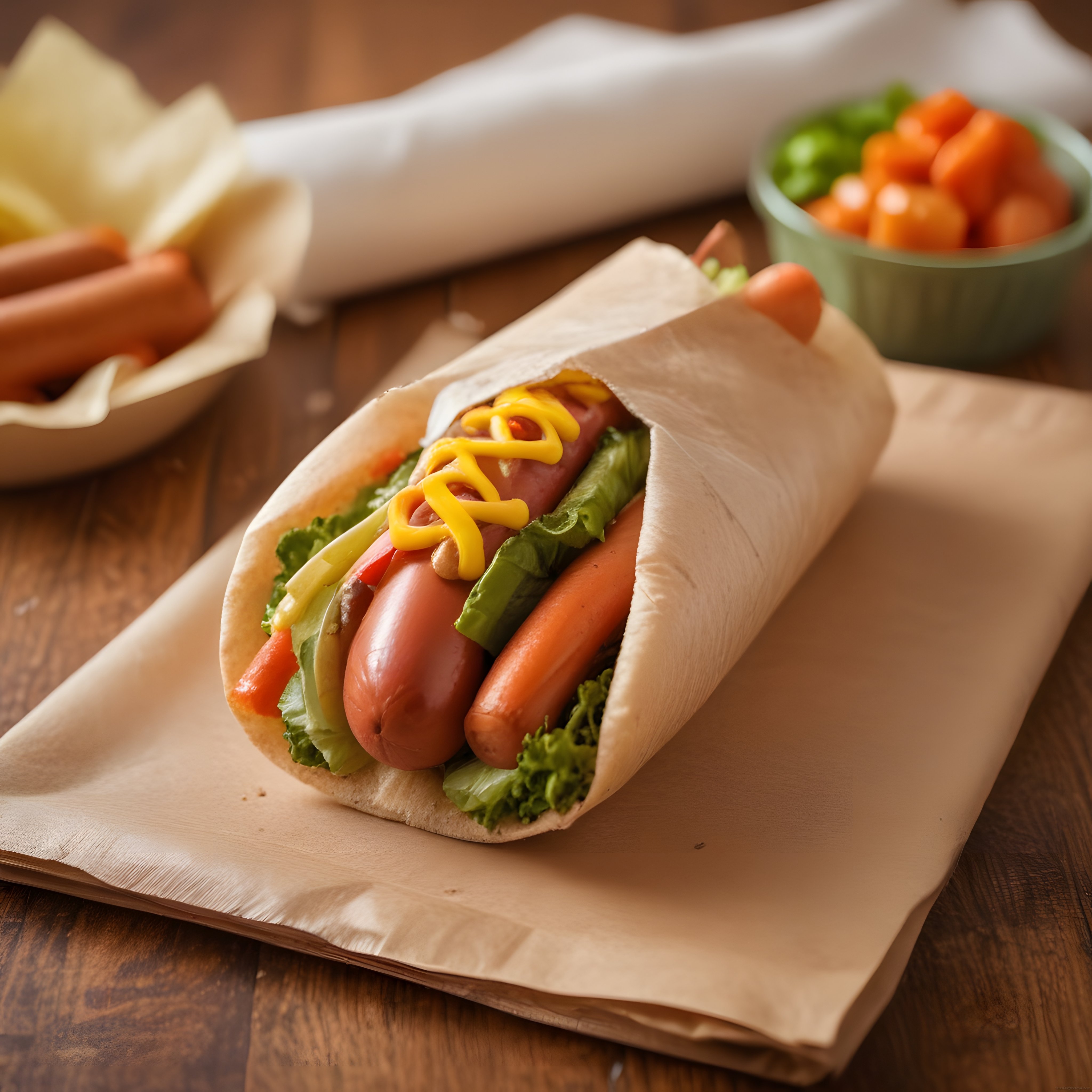 ahşap masa üzerinde hardallı sosisli hot dog ve sokak lezzeti sunumu