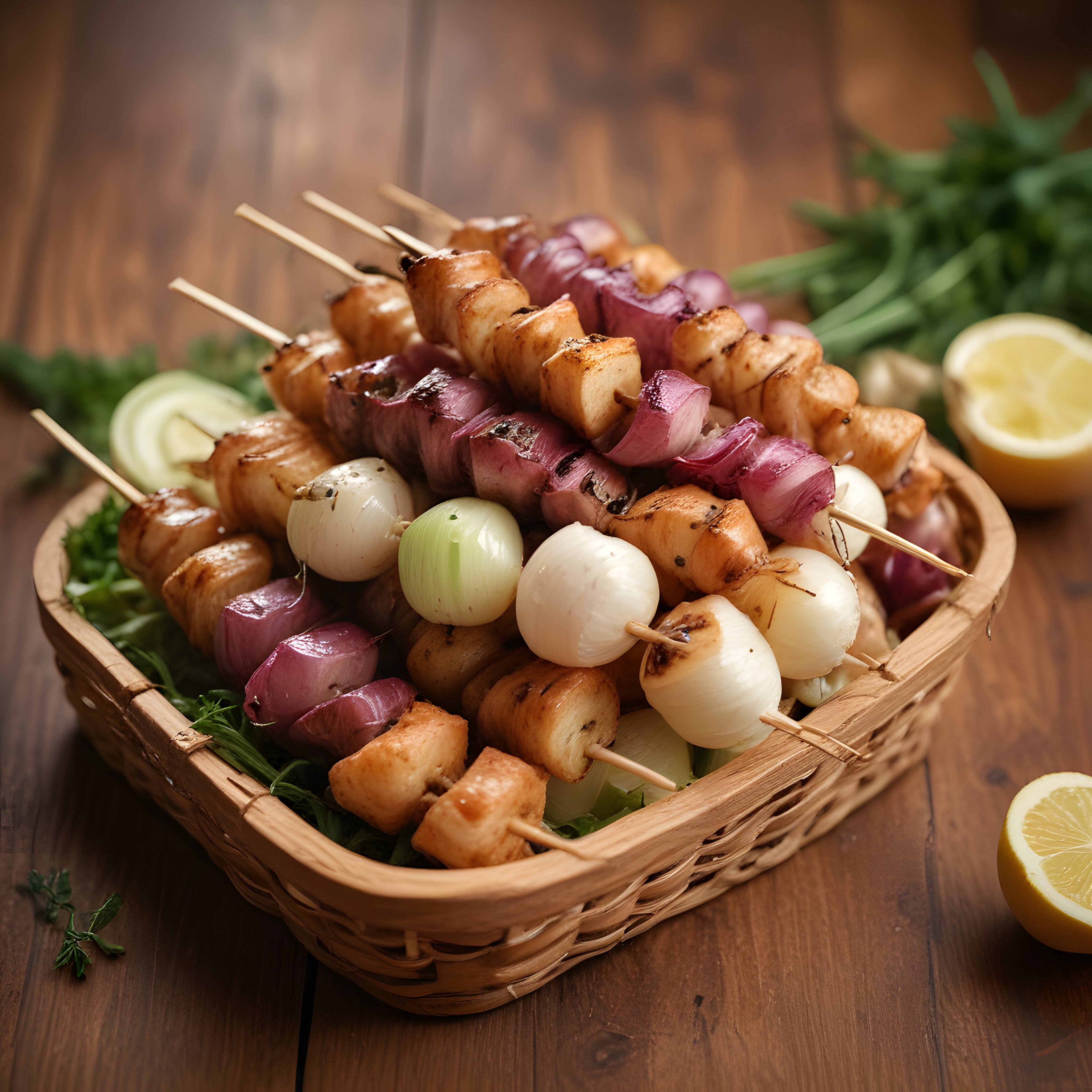 Ahşap Masa Üzerinde Hasır Sepette Marine Edilmiş Tavuk ve Sebze Şiş Kebap