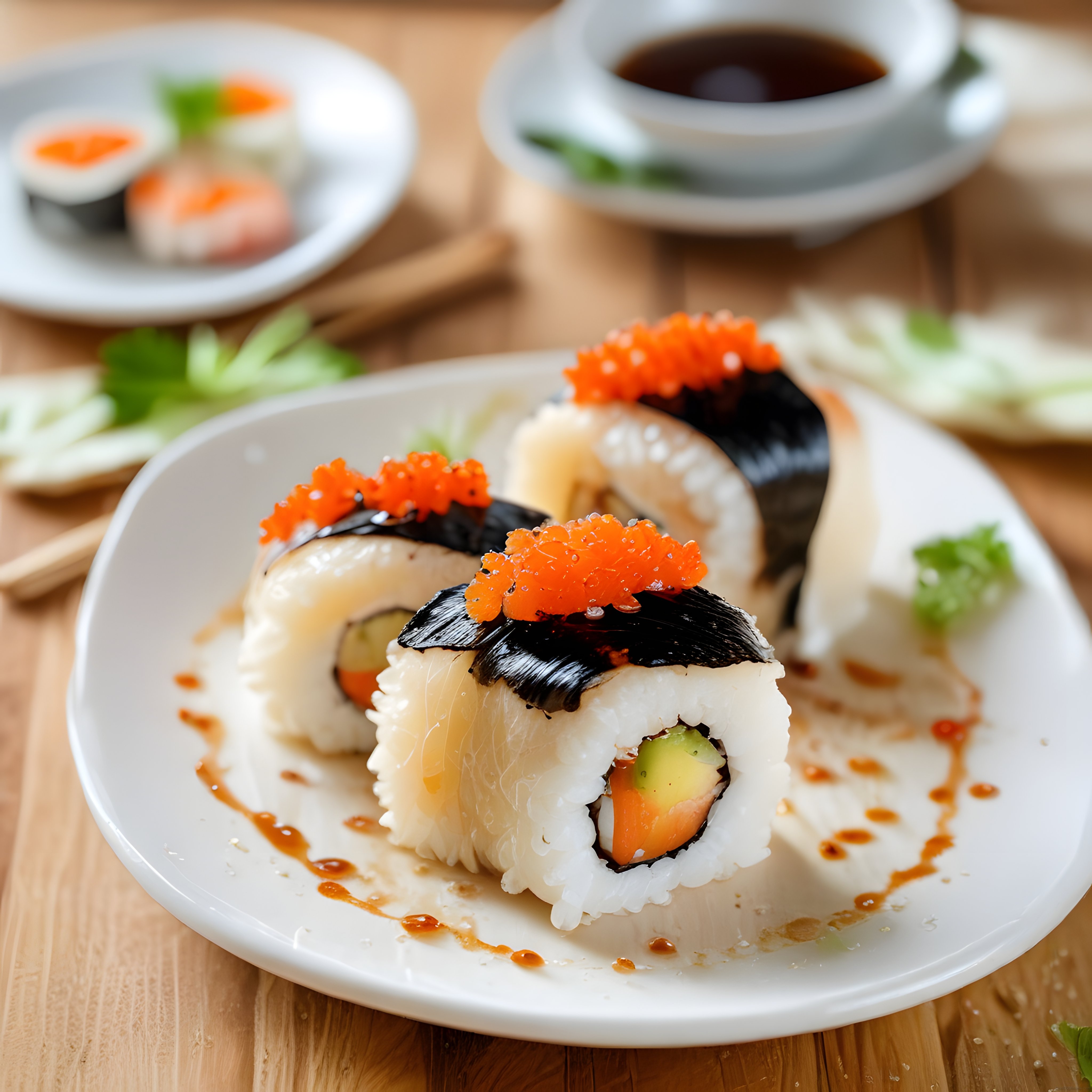 Ahşap Masa Üzerinde Havyarlı Avokadolu Taze Sushi Roll ve Soy Sos Sunumu