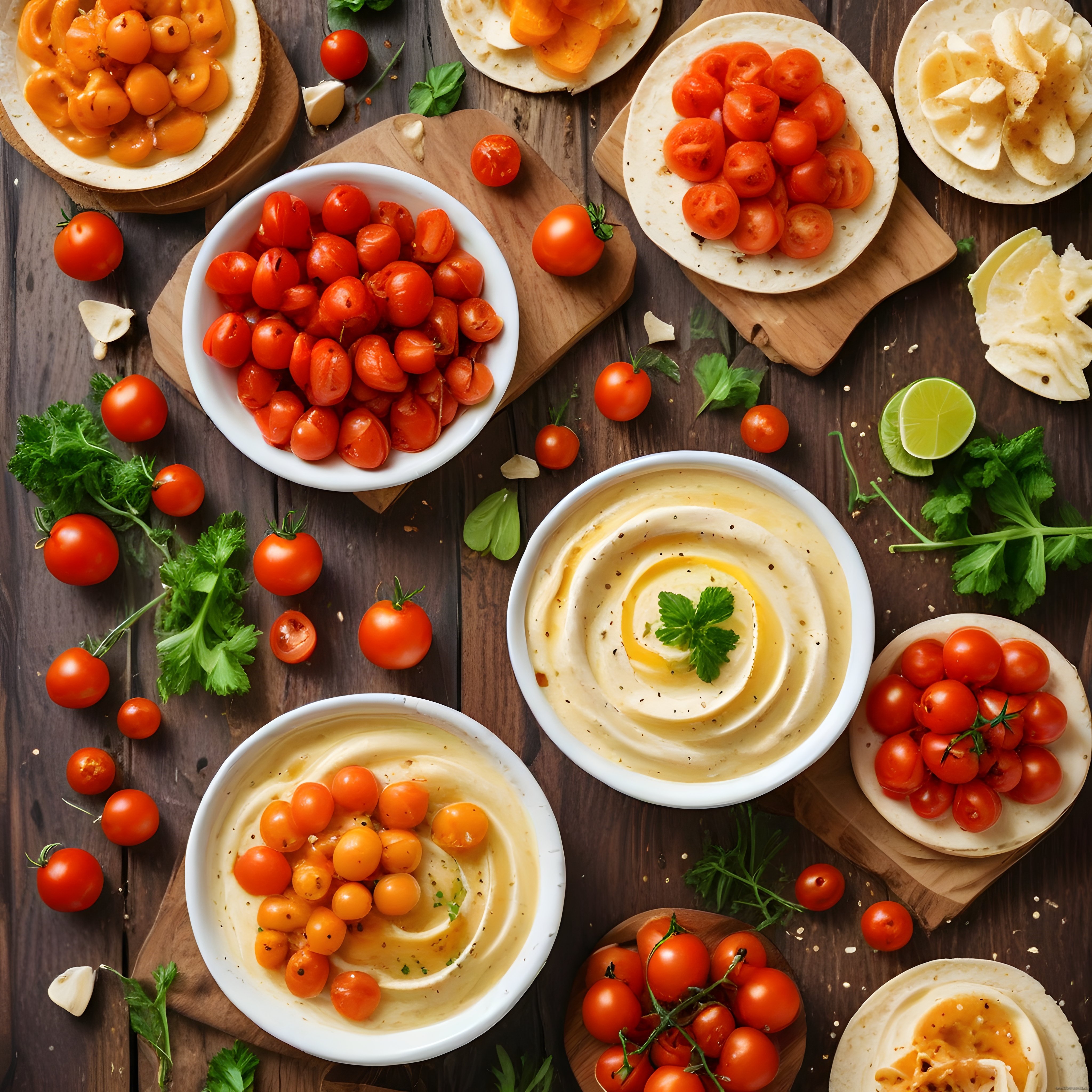 Ahşap Masa Üzerinde Humus, Taze Domatesler ve Otlarla Lezzetli Meze Sunumu