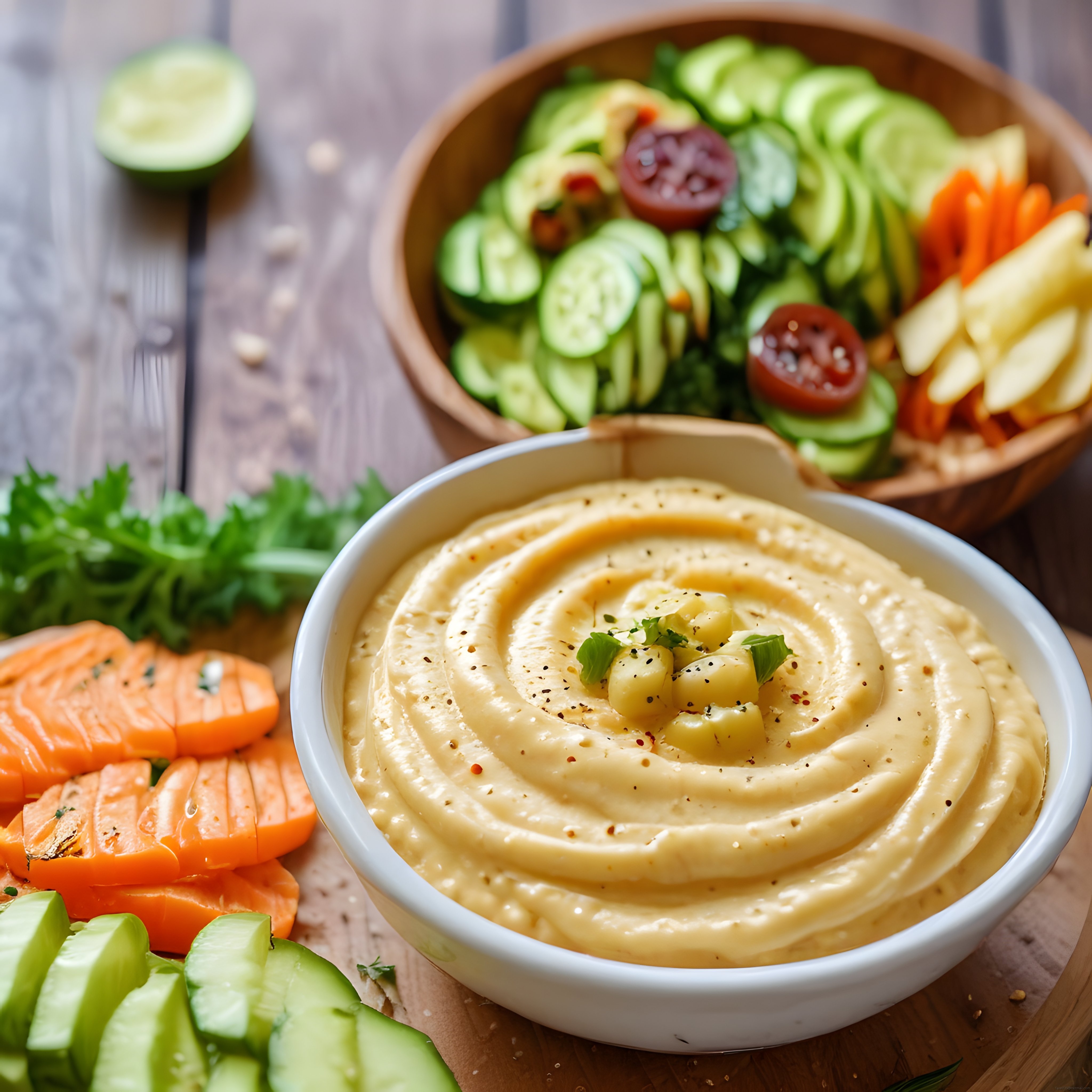 ahşap masa üzerinde humus ve taze sebzelerle hazırlanmış sağlıklı atıştırmalık sunumu