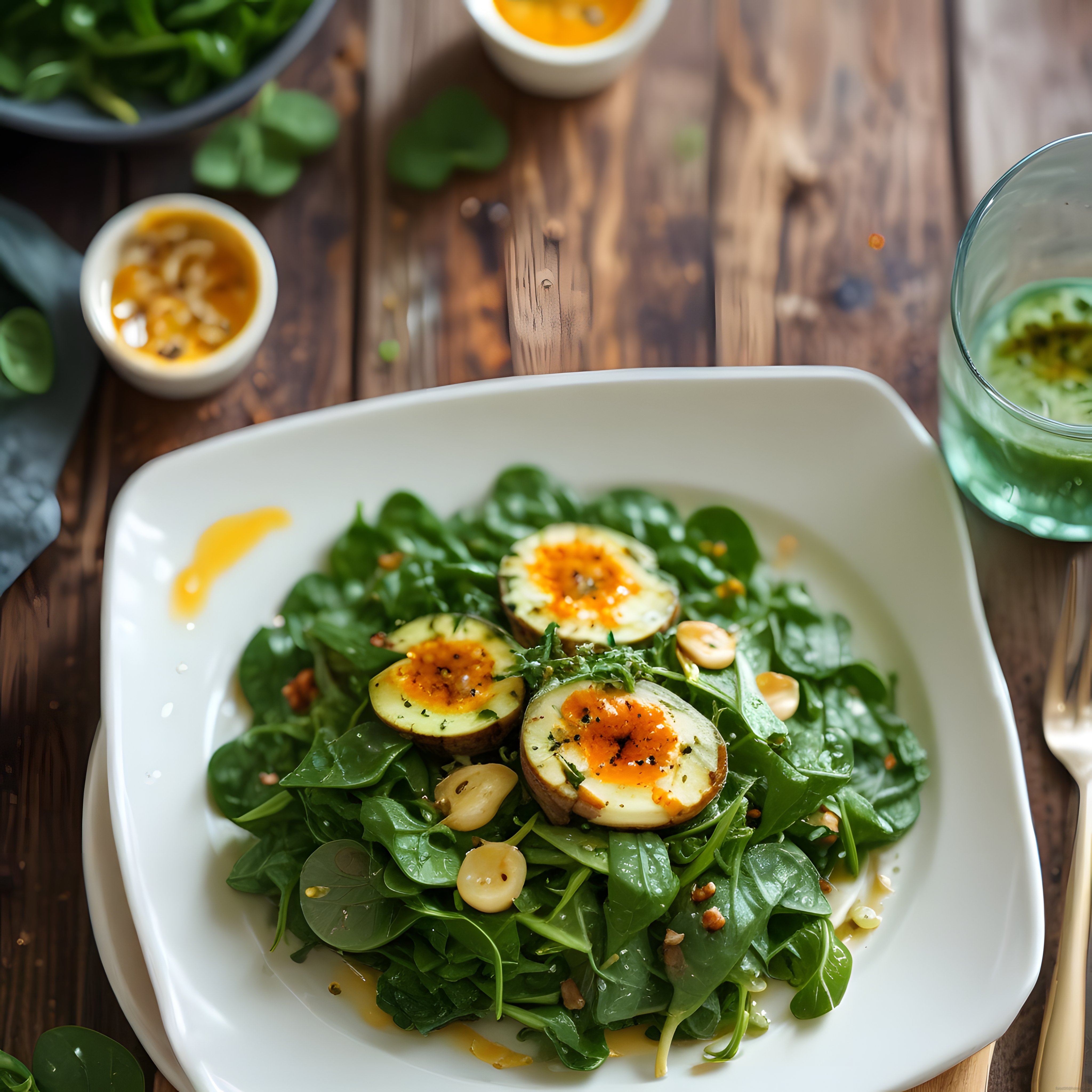 Ahşap masa üzerinde ıspanaklı salata ve baharatlı yumurta ile sağlıklı beslenme