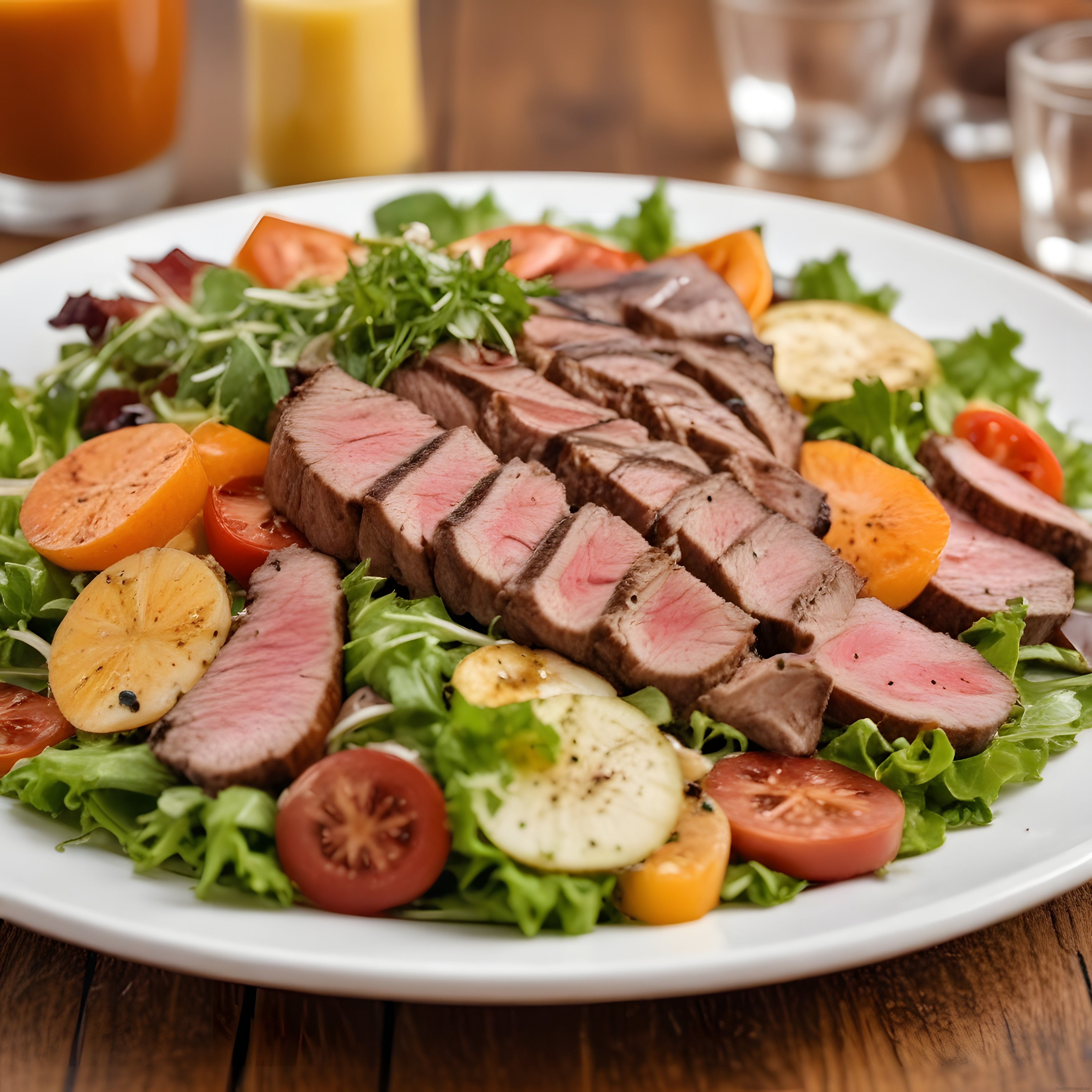 ahşap masa üzerinde ızgara biftek dilimli taze salata ve meyve suları