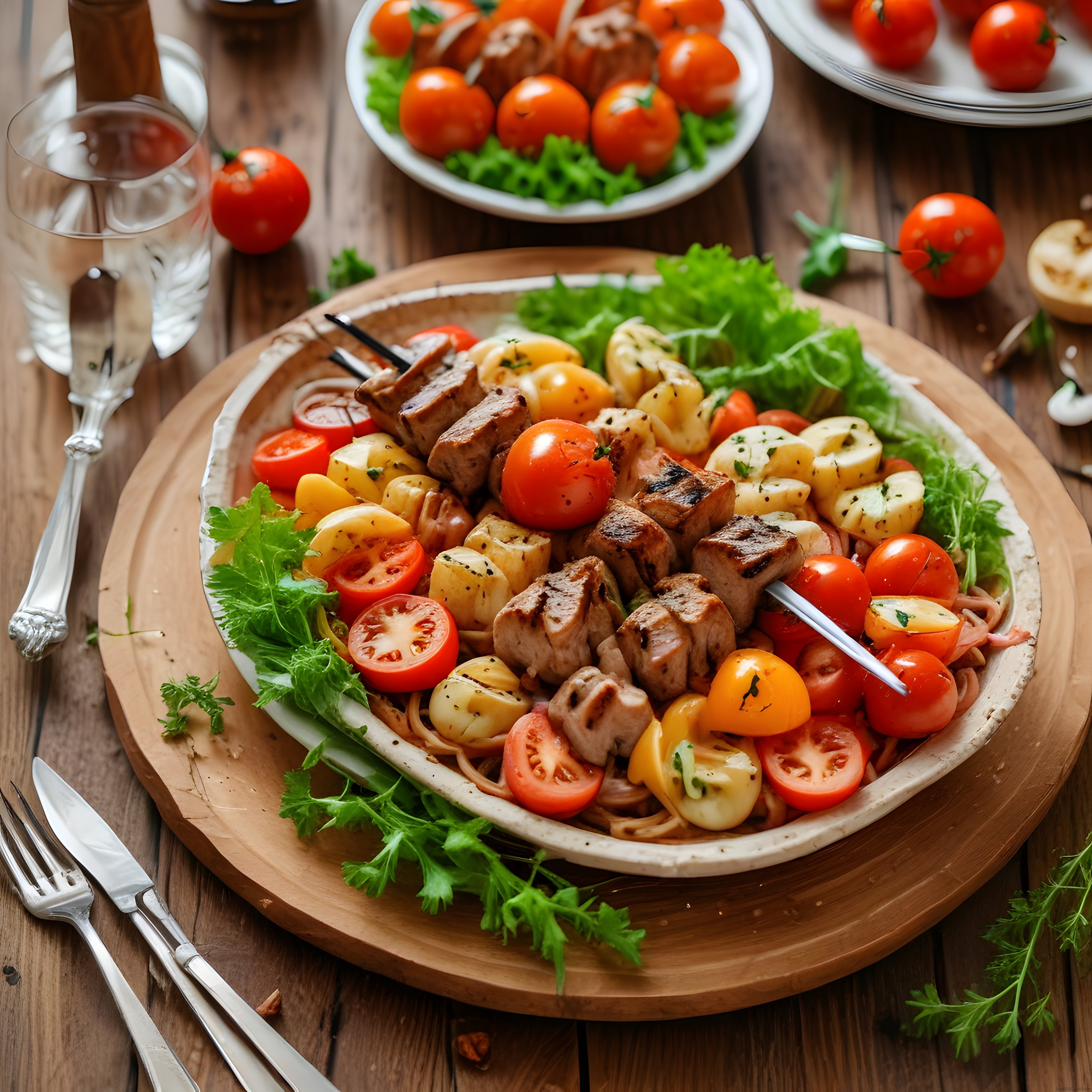 Ahşap Masa Üzerinde Izgara Et, Sebze ve Makarna ile Zengin Yemek Sunumu