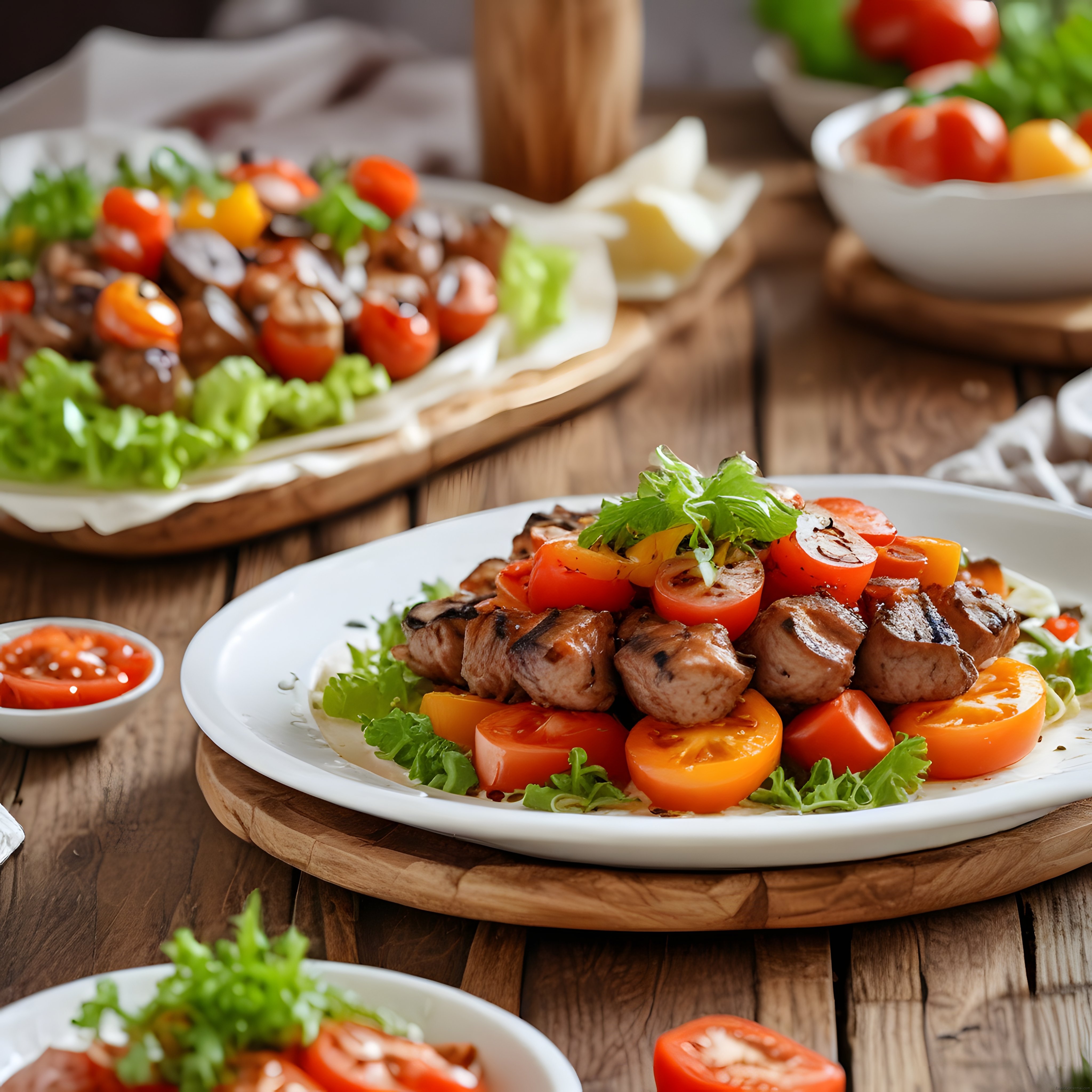 Ahşap Masa Üzerinde Izgara Et ve Domates ile Göz Alıcı Yemek Sunumu