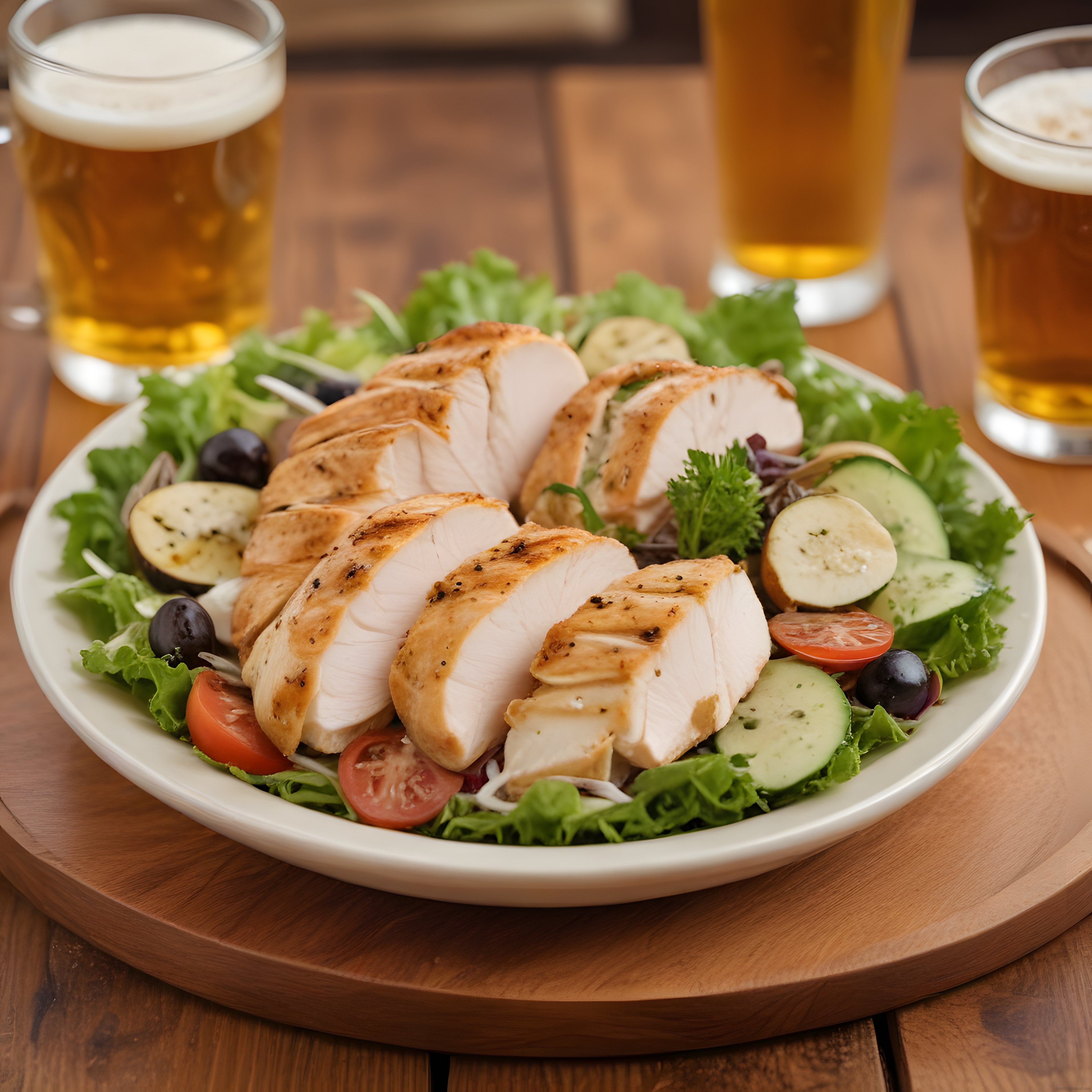 Ahşap Masa Üzerinde Izgara Tavuklu Salata ve Amber Bira Eşlikçisi