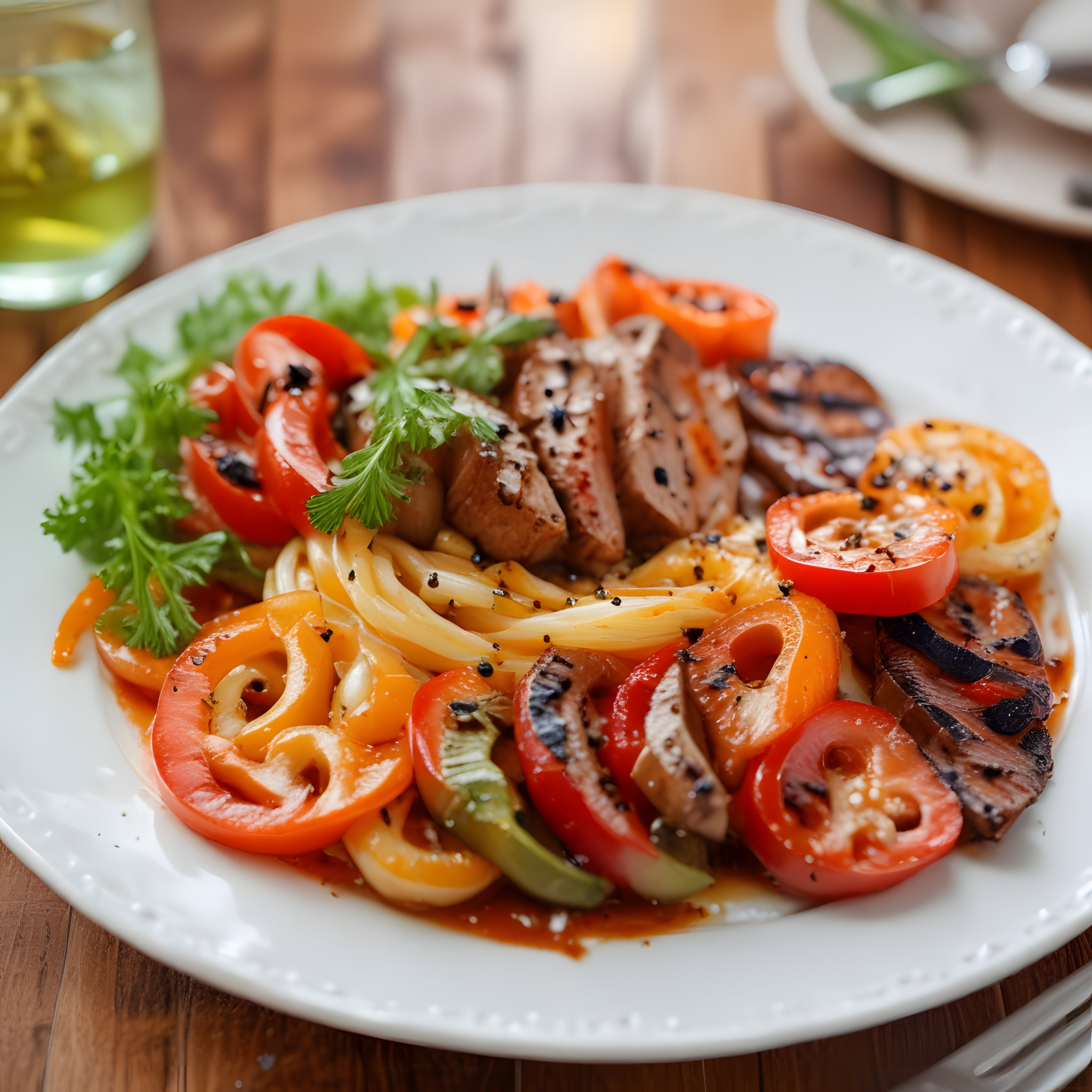 Ahşap masa üzerinde ızgara tavuklu sebzeli spagetti ve makarna sunumu