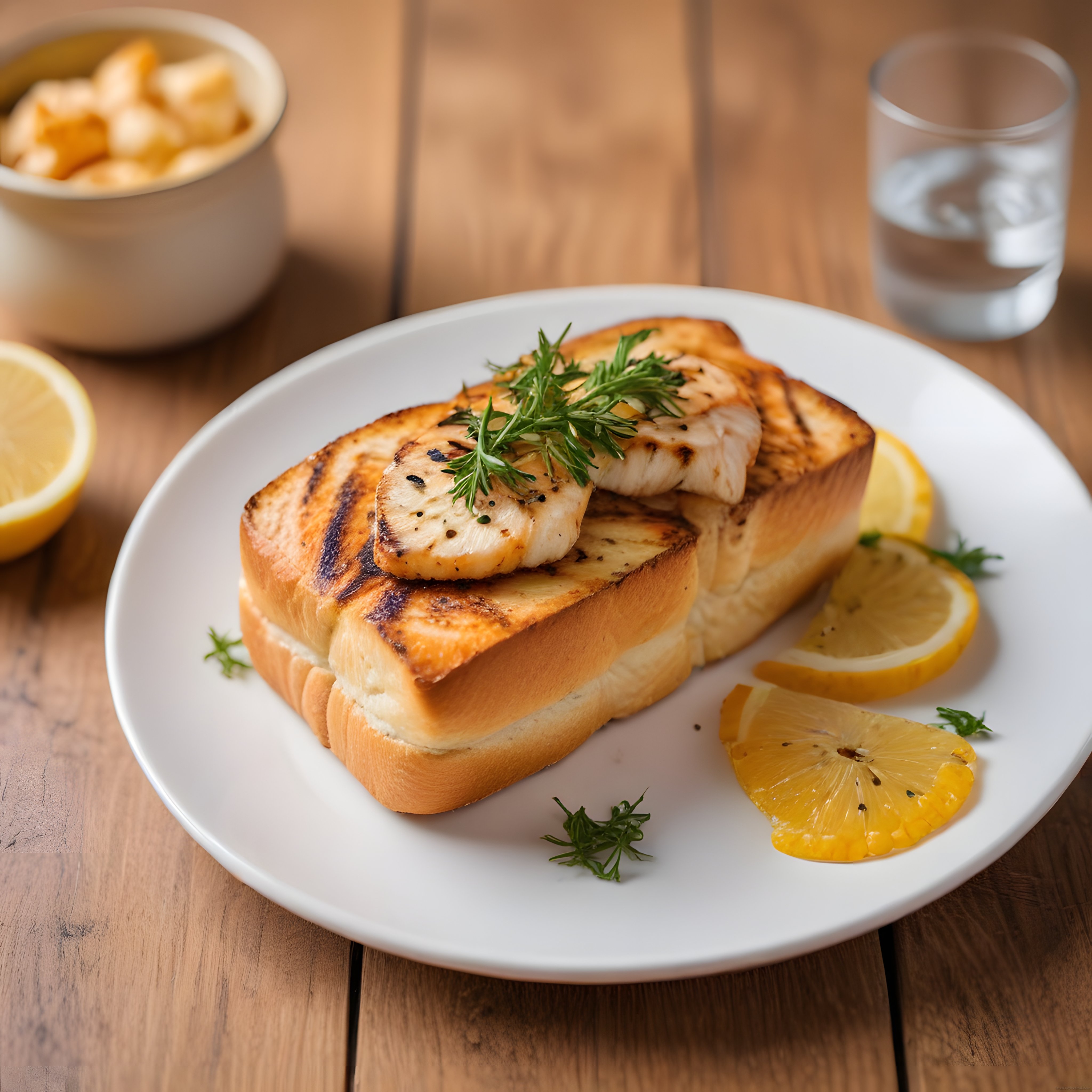 Ahşap Masa Üzerinde Izgara Tavuklu Tost ve Limon Dilimleriyle Şık Sunum