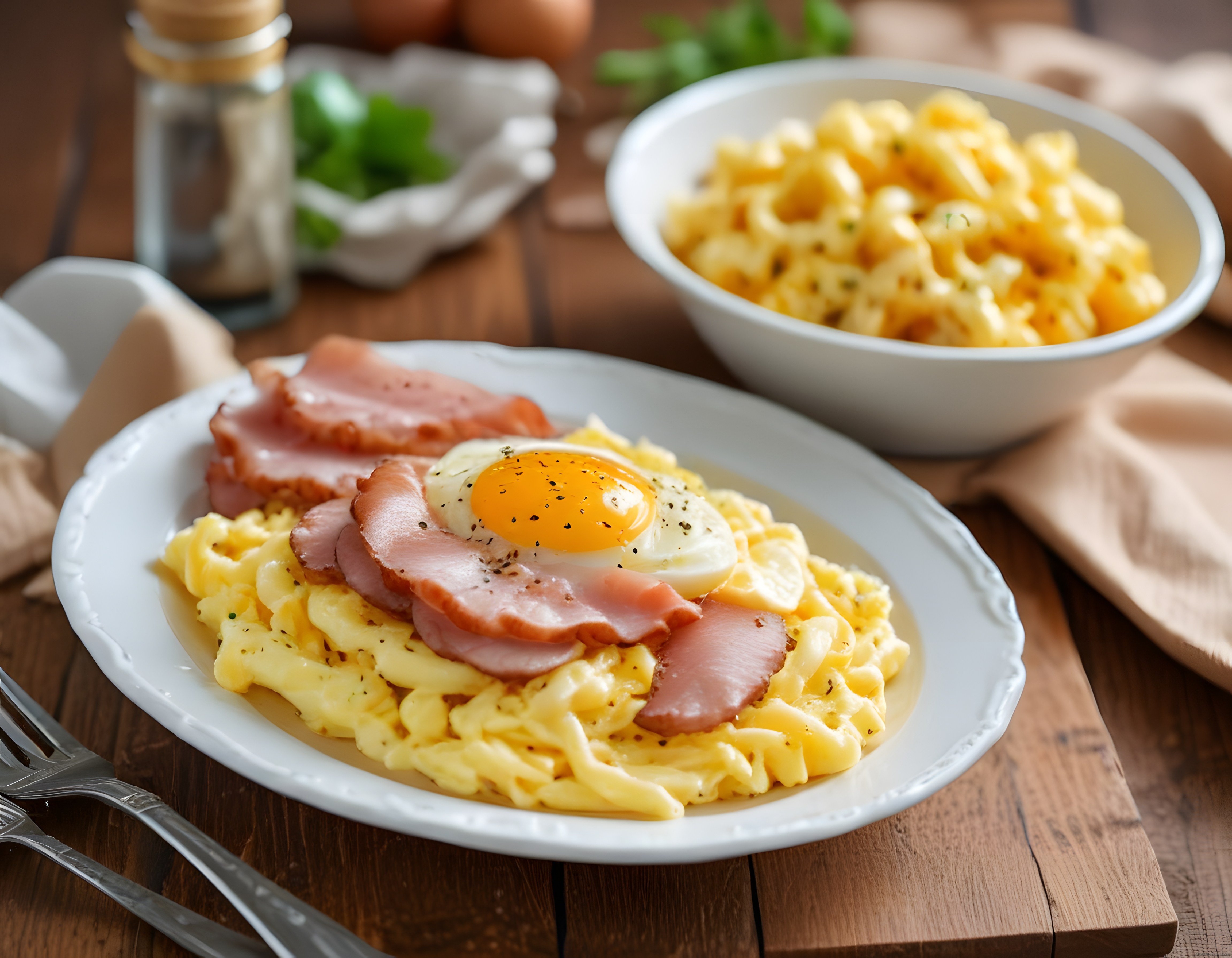 Ahşap Masa Üzerinde Jambon ve Yumurtalı Kahvaltılık Makarna Tabağı