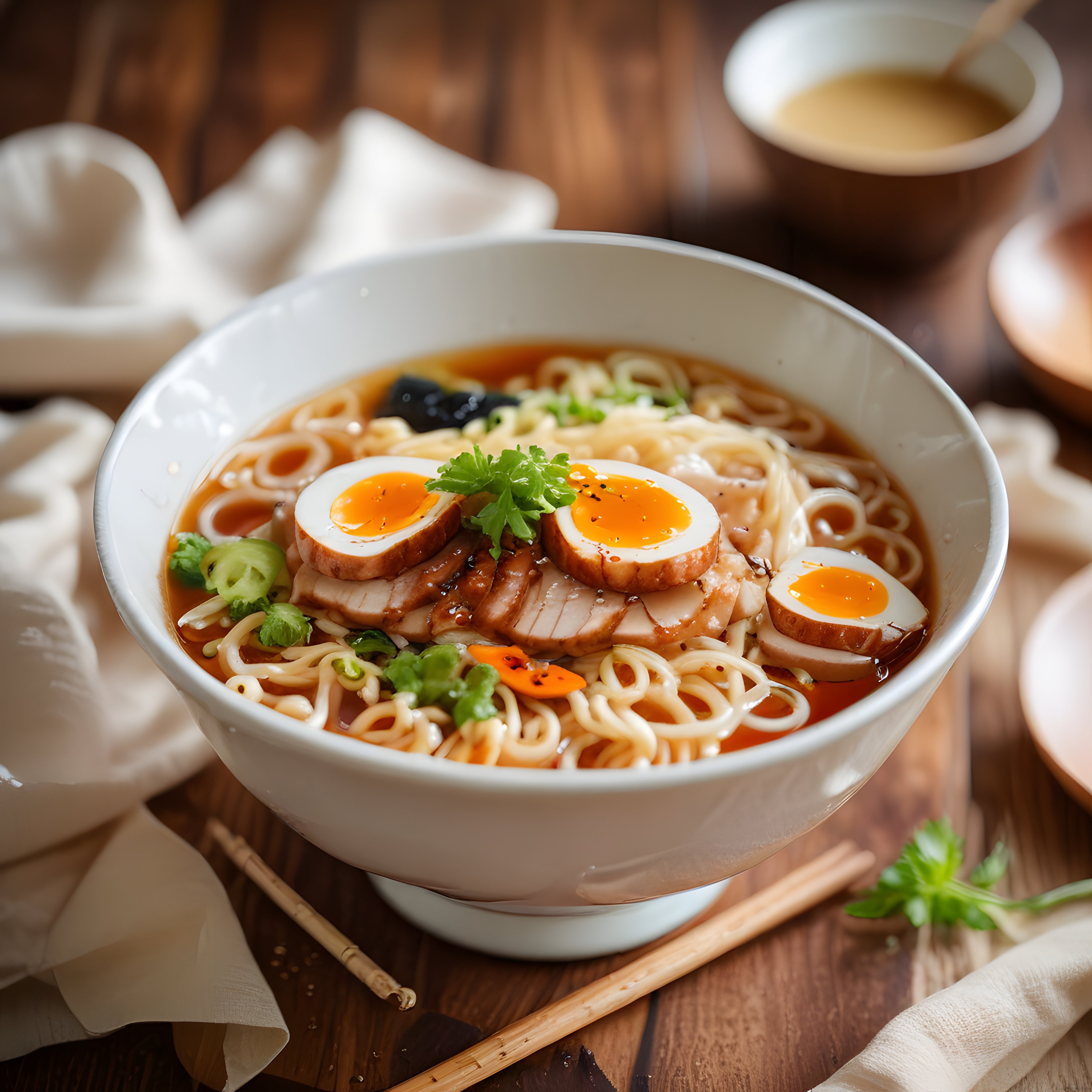 Ahşap Masa Üzerinde Japon Ramen: Füme Etli ve Yumurtalı Noodle Çorbası