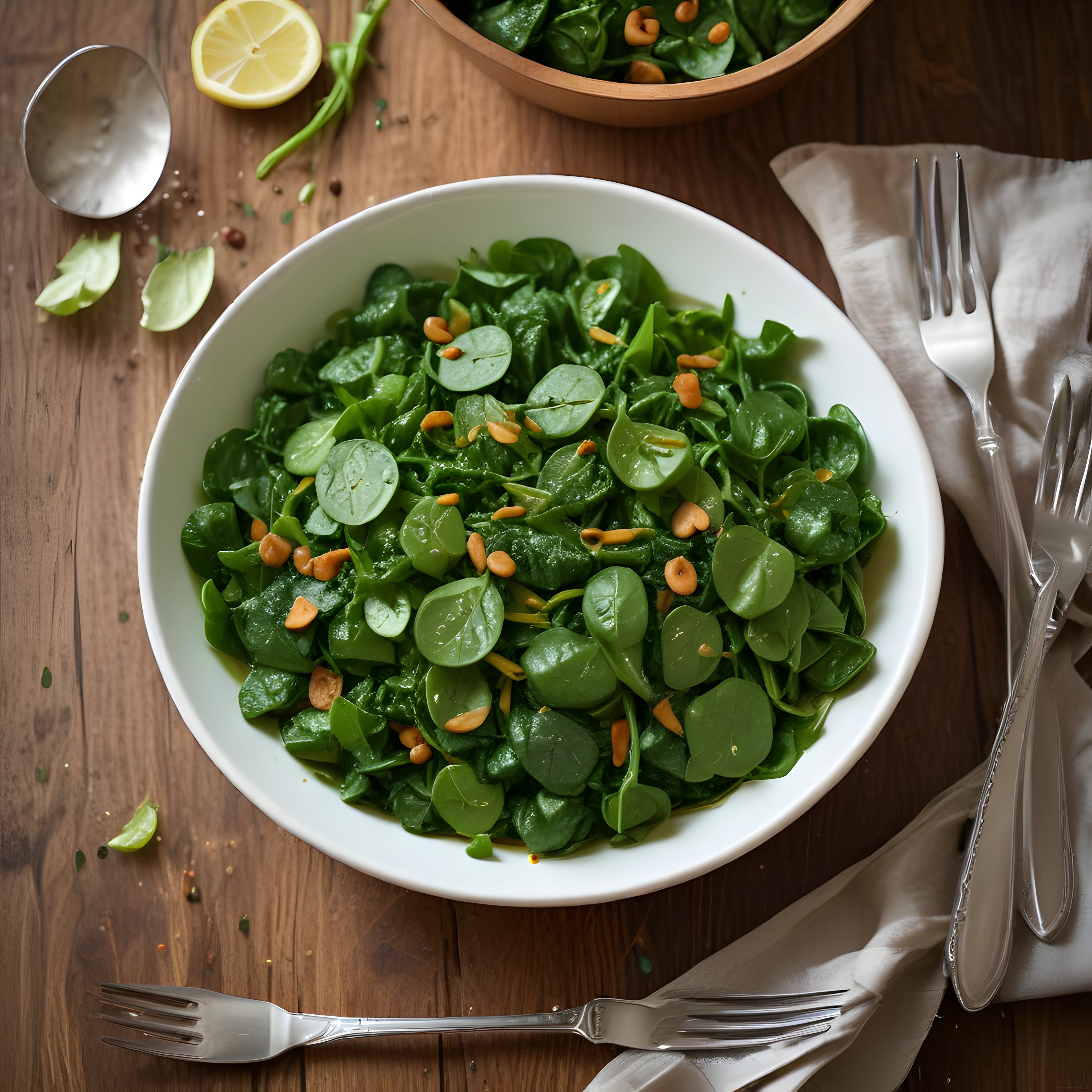 Ahşap Masa Üzerinde Kaju Fıstıklı ve Limonlu Taze Yeşil Salata Sunumu