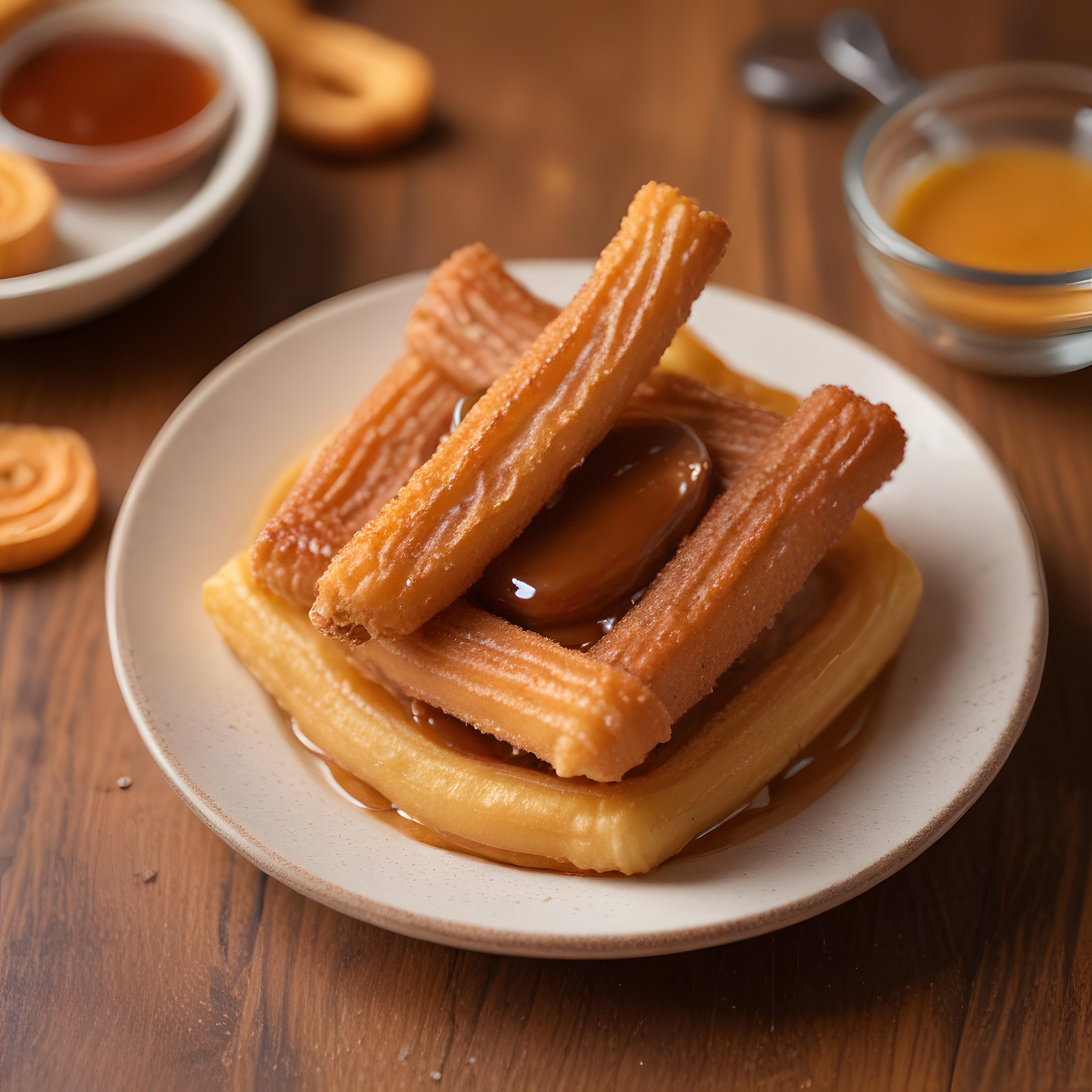 Ahşap Masa Üzerinde Karamel Soslu Churros ve Tulumba Tatlısı Sunumu