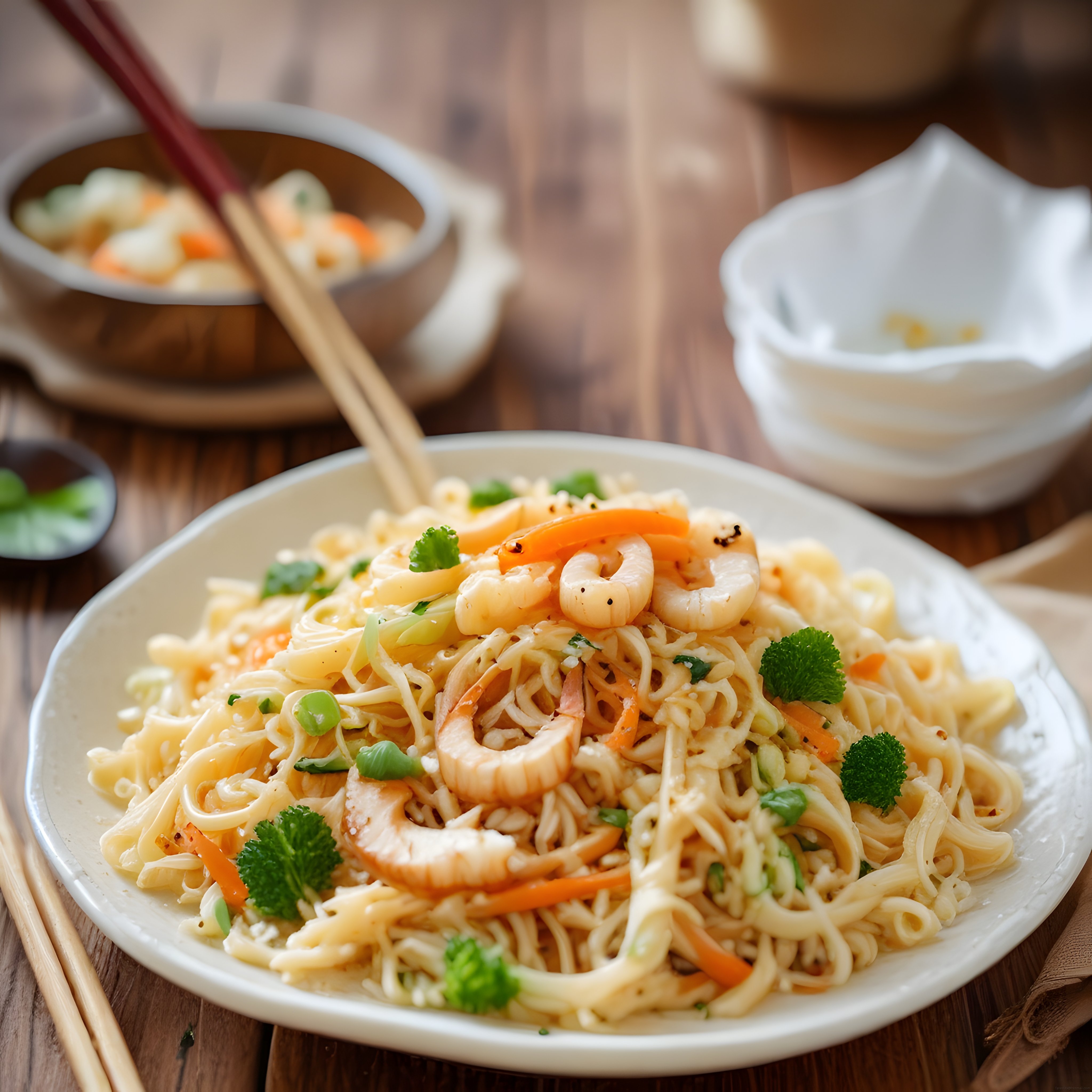 Ahşap Masa Üzerinde Karidesli Noodle Makarna ve Asya Usulü Sunum