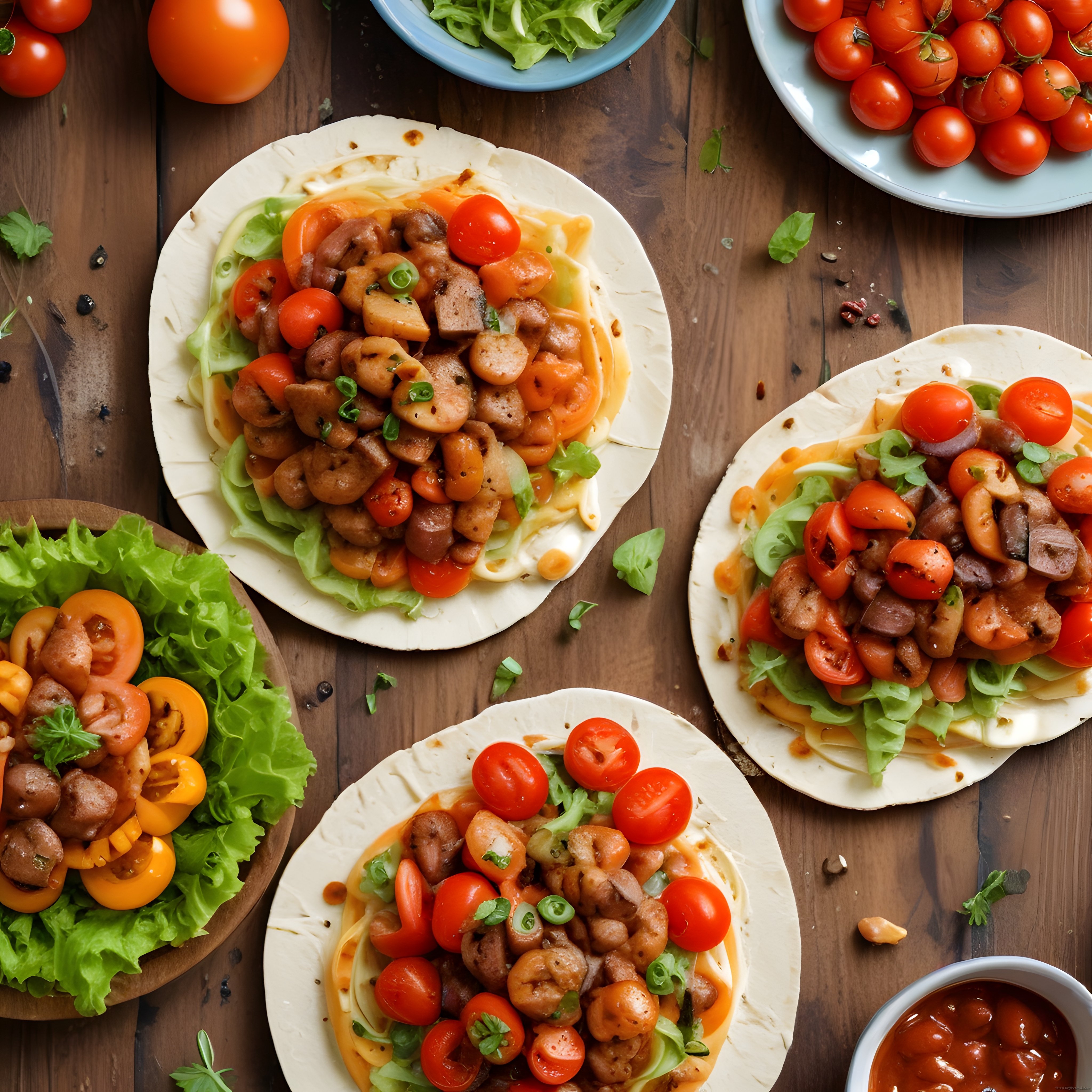 Ahşap Masa Üzerinde Karidesli ve Etli Tacos: Meksika Mutfağından Eşsiz Tat