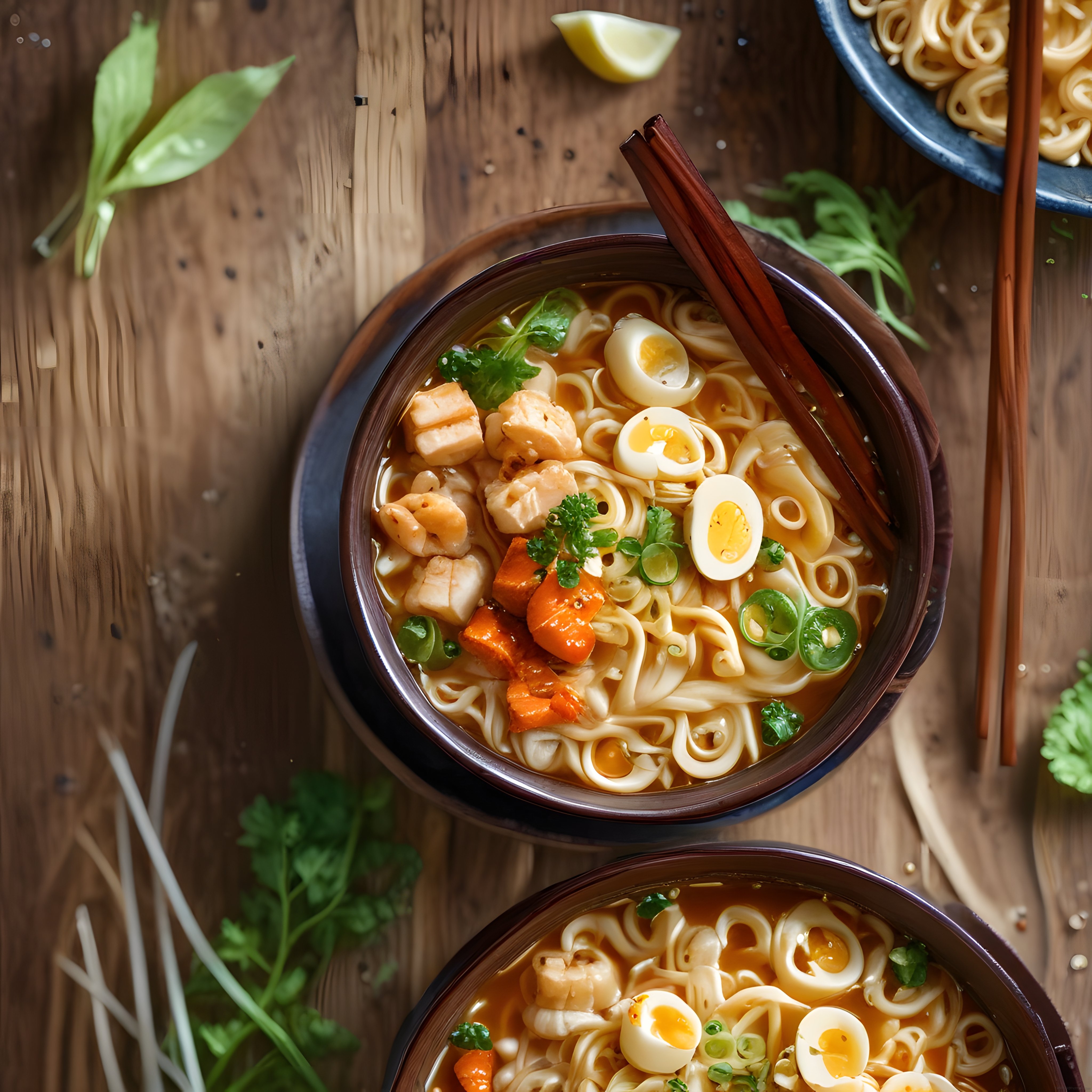 Ahşap Masa Üzerinde Karidesli ve Yumurtalı Asya Noodle Çorbası Üstten Görünüm