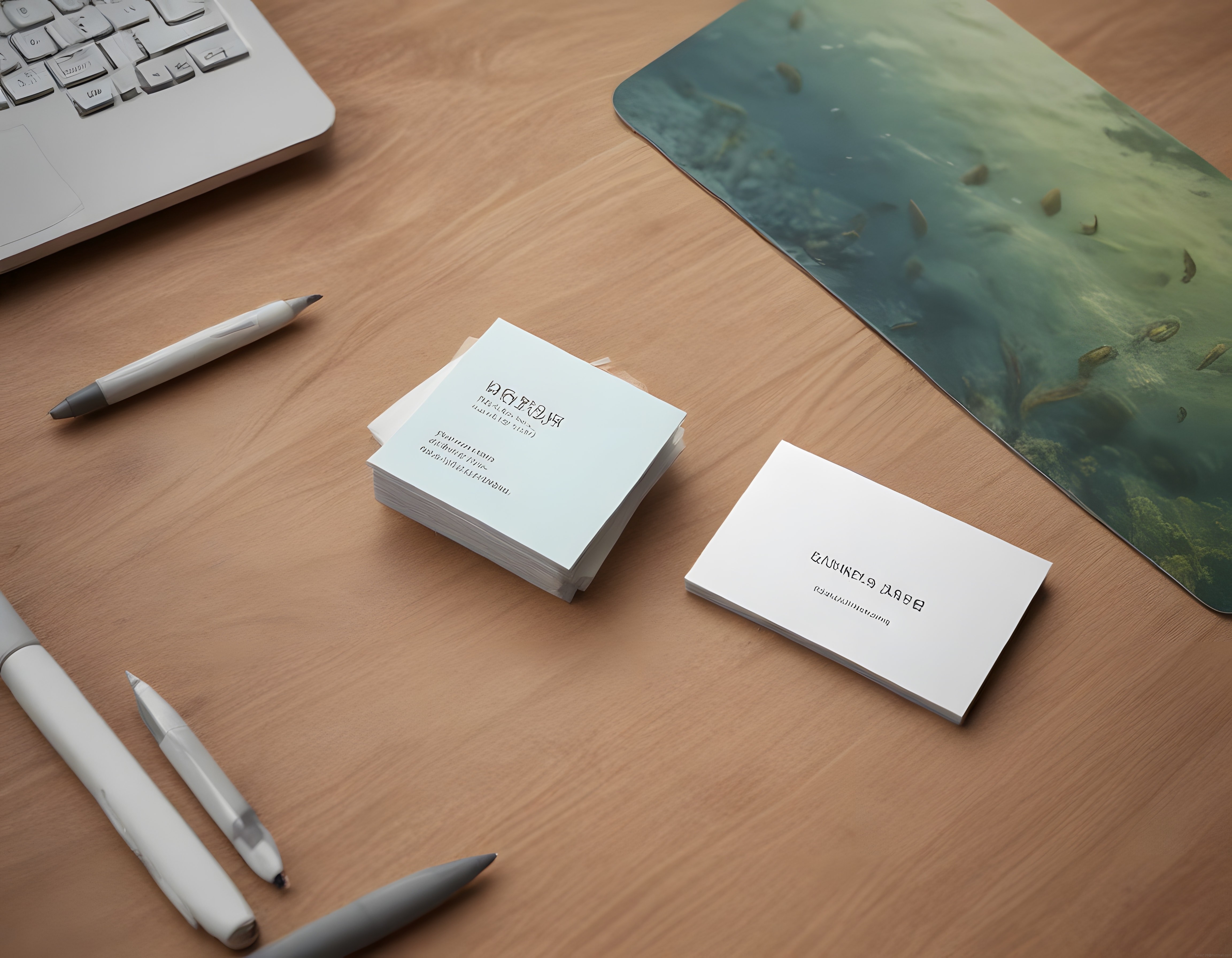 Ahşap masa üzerinde kartvizit mockupı ve su altı mousepad ile minimal ofis düzeni