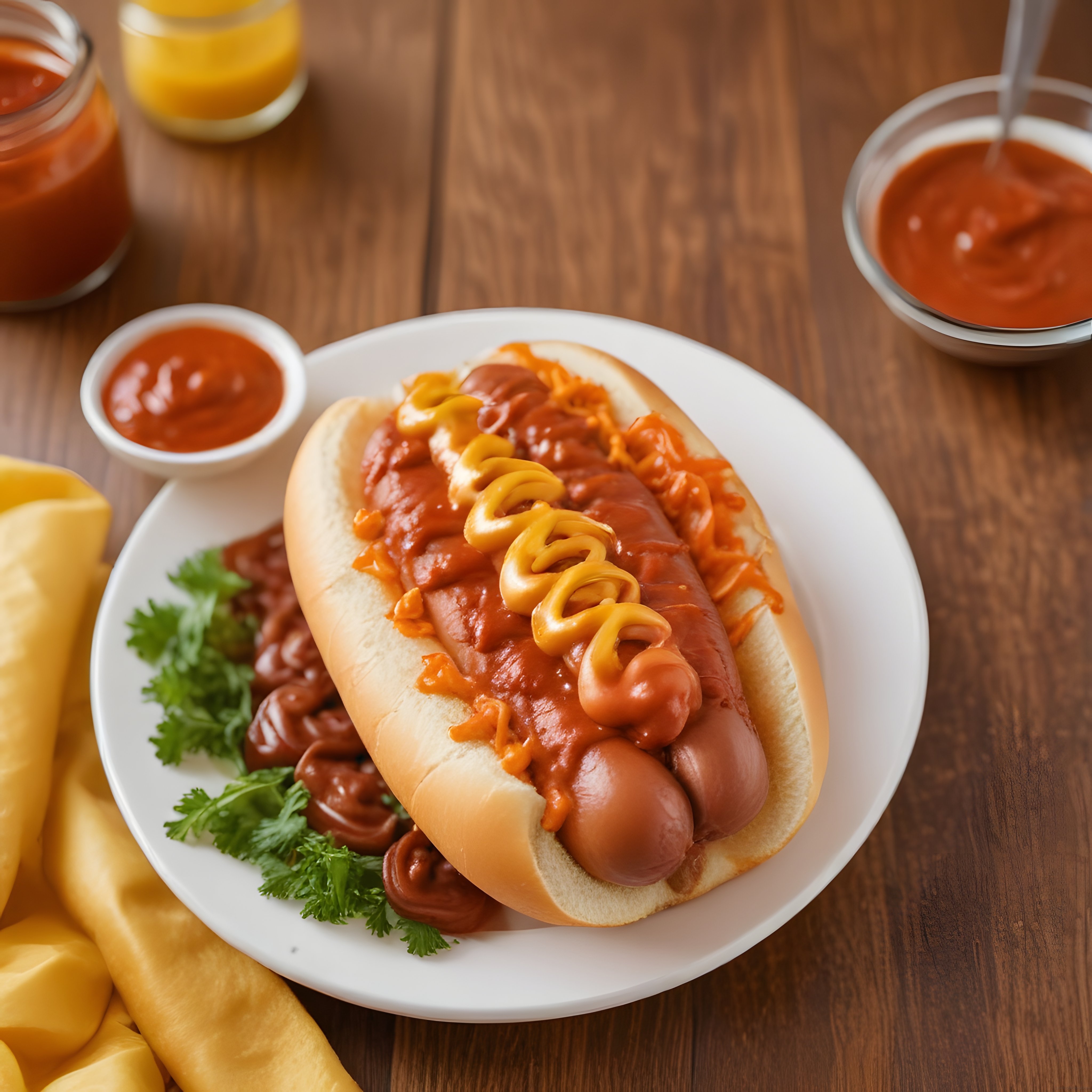 Ahşap masa üzerinde ketçaplı hardallı nefis hot dog sokak lezzeti sunumu