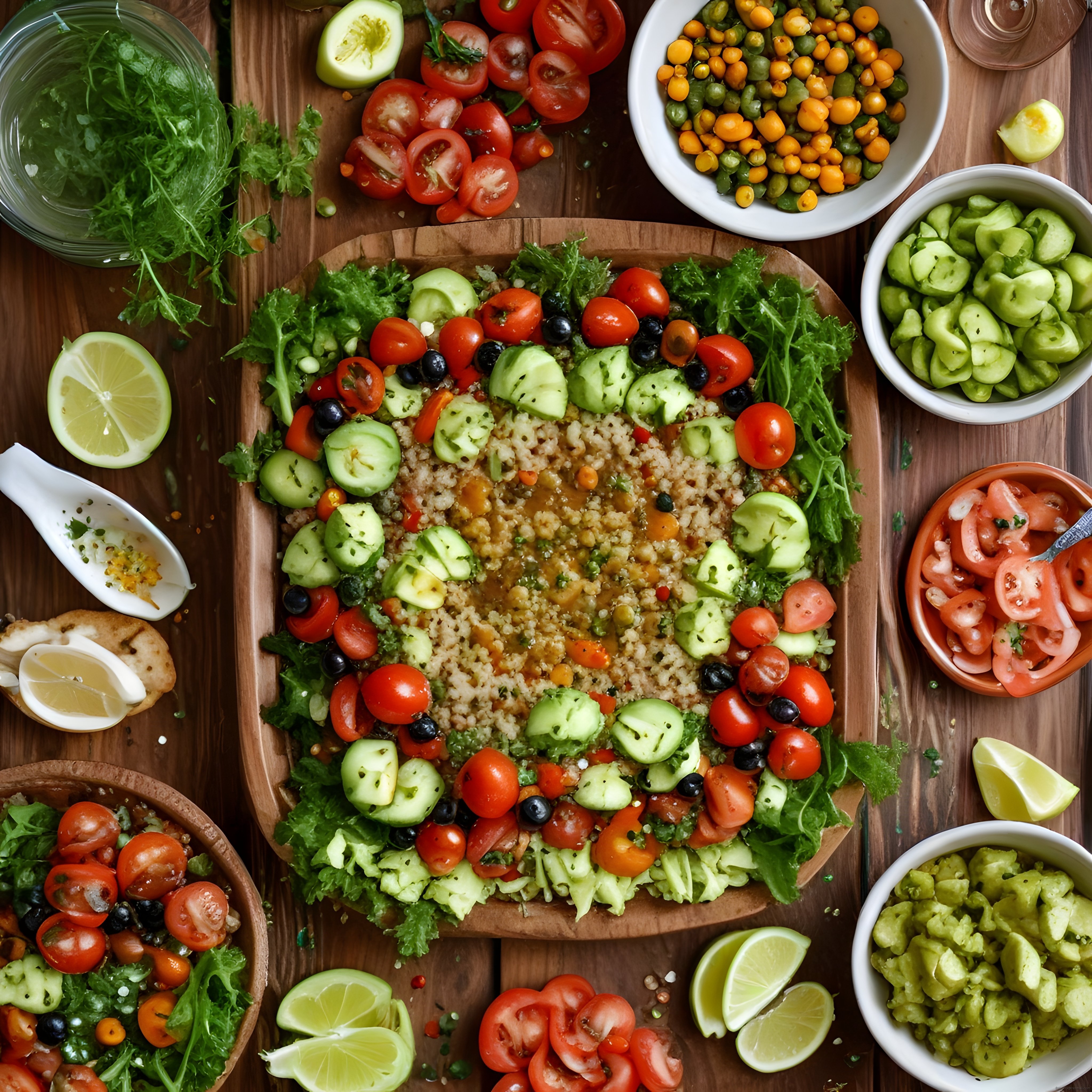 Ahşap Masa Üzerinde Kinoa Salatası ve Taze Sebzelerle Sağlıklı Sunum