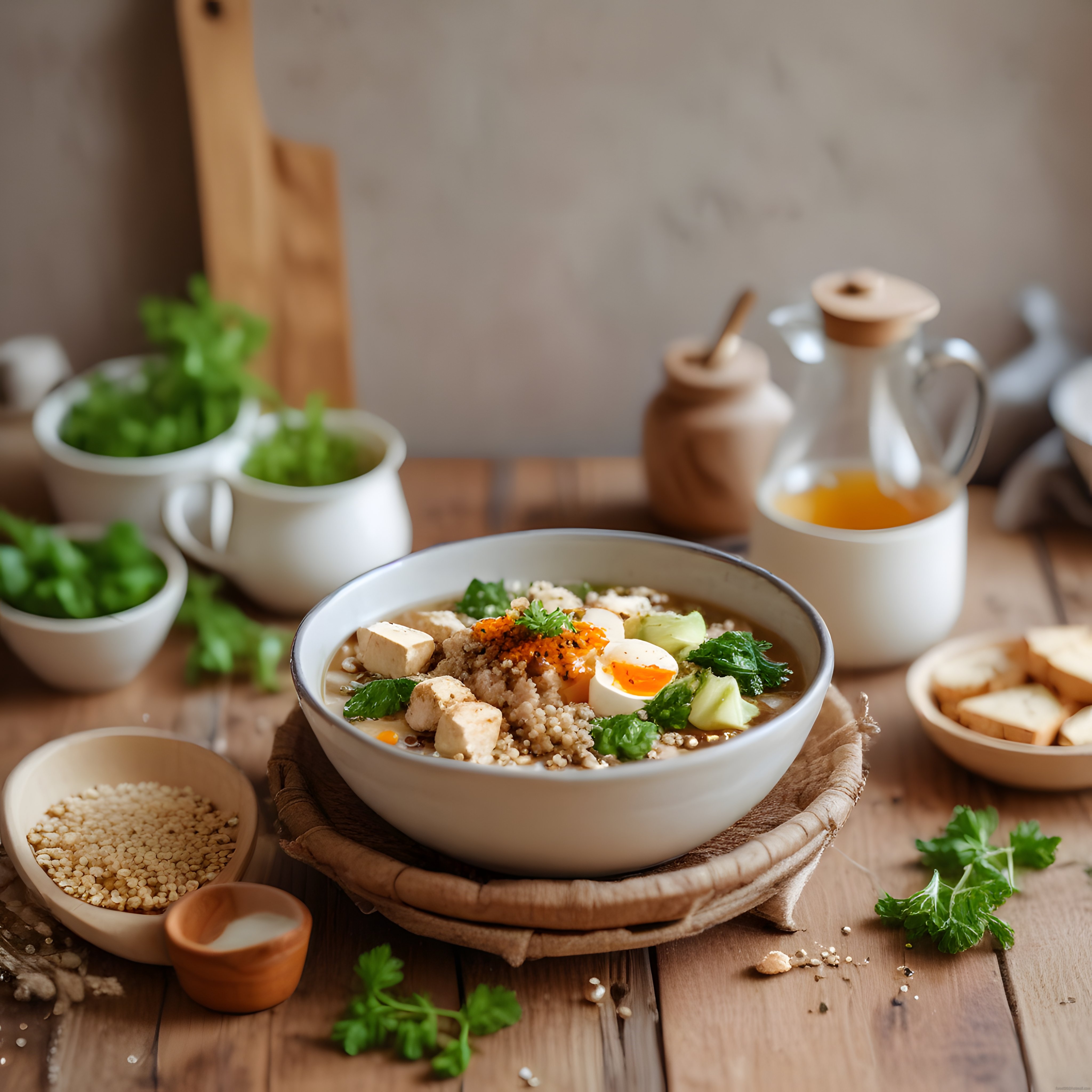 Ahşap Masa Üzerinde Kinoa ve Yumurtalı Besleyici Sağlıklı Kase Yemek Sunumu