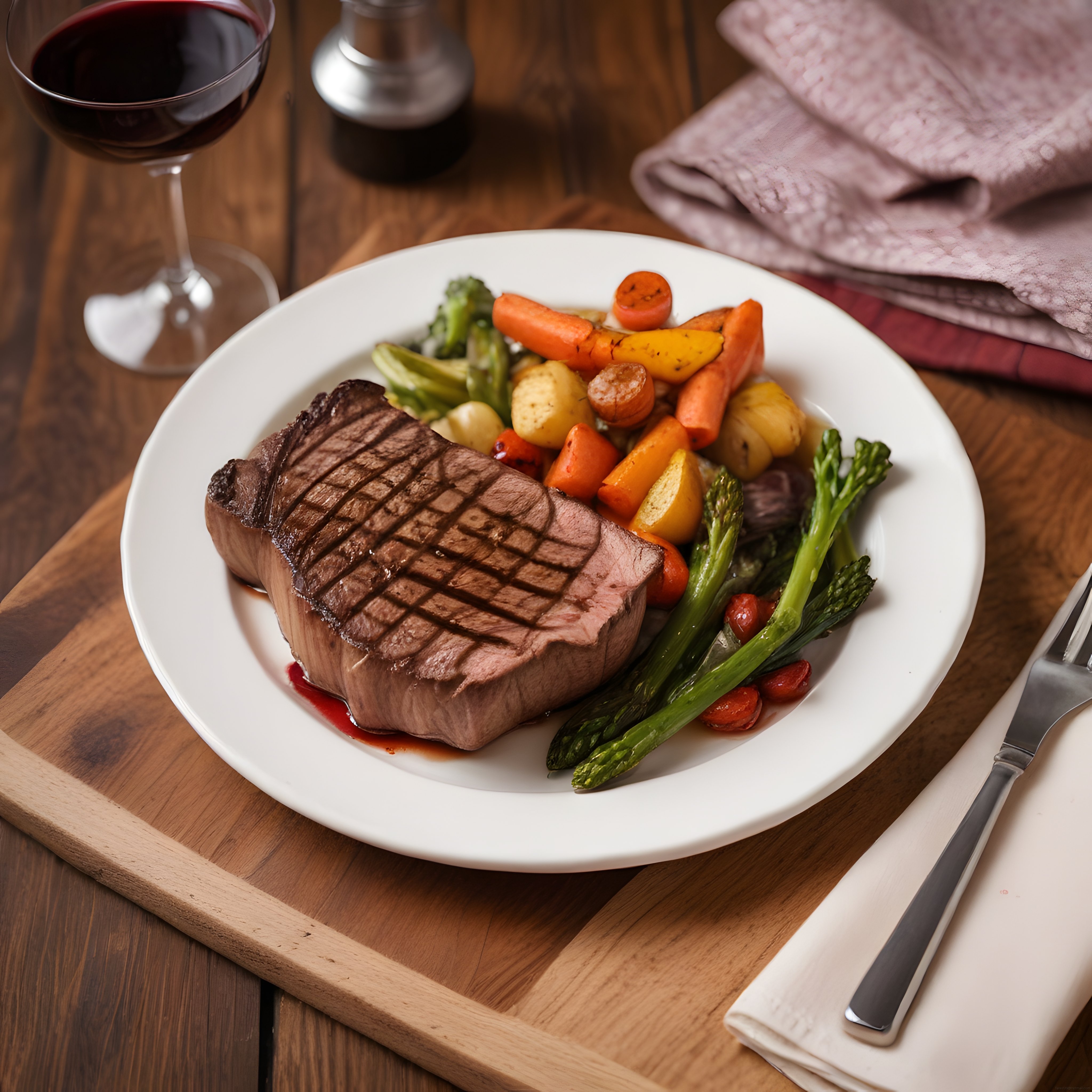 Ahşap Masa Üzerinde Kırmızı Şarap Eşliğinde Izgara Steak ve Sebze Tabağı