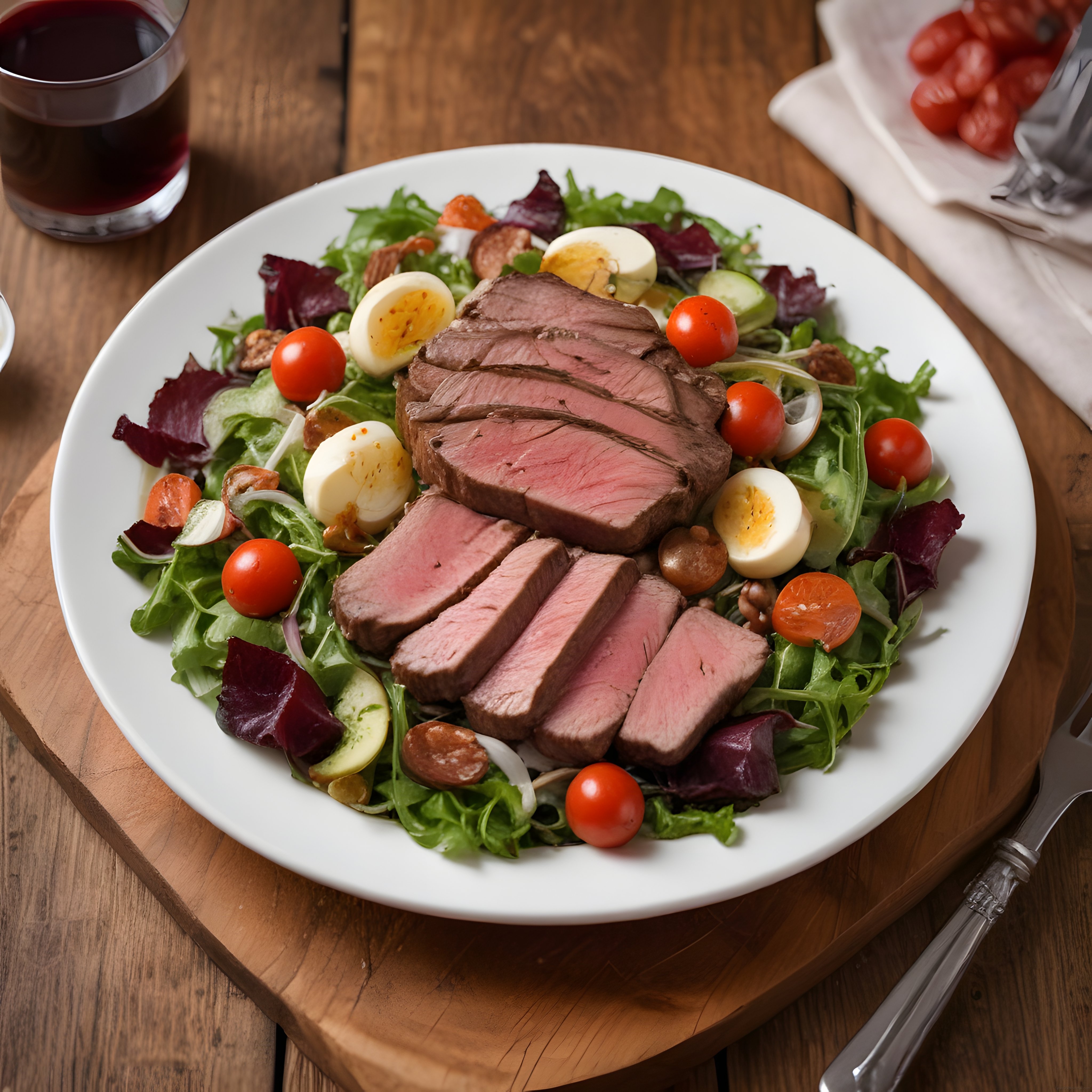 Ahşap masa üzerinde kırmızı şarap ve az pişmiş bonfileli salata