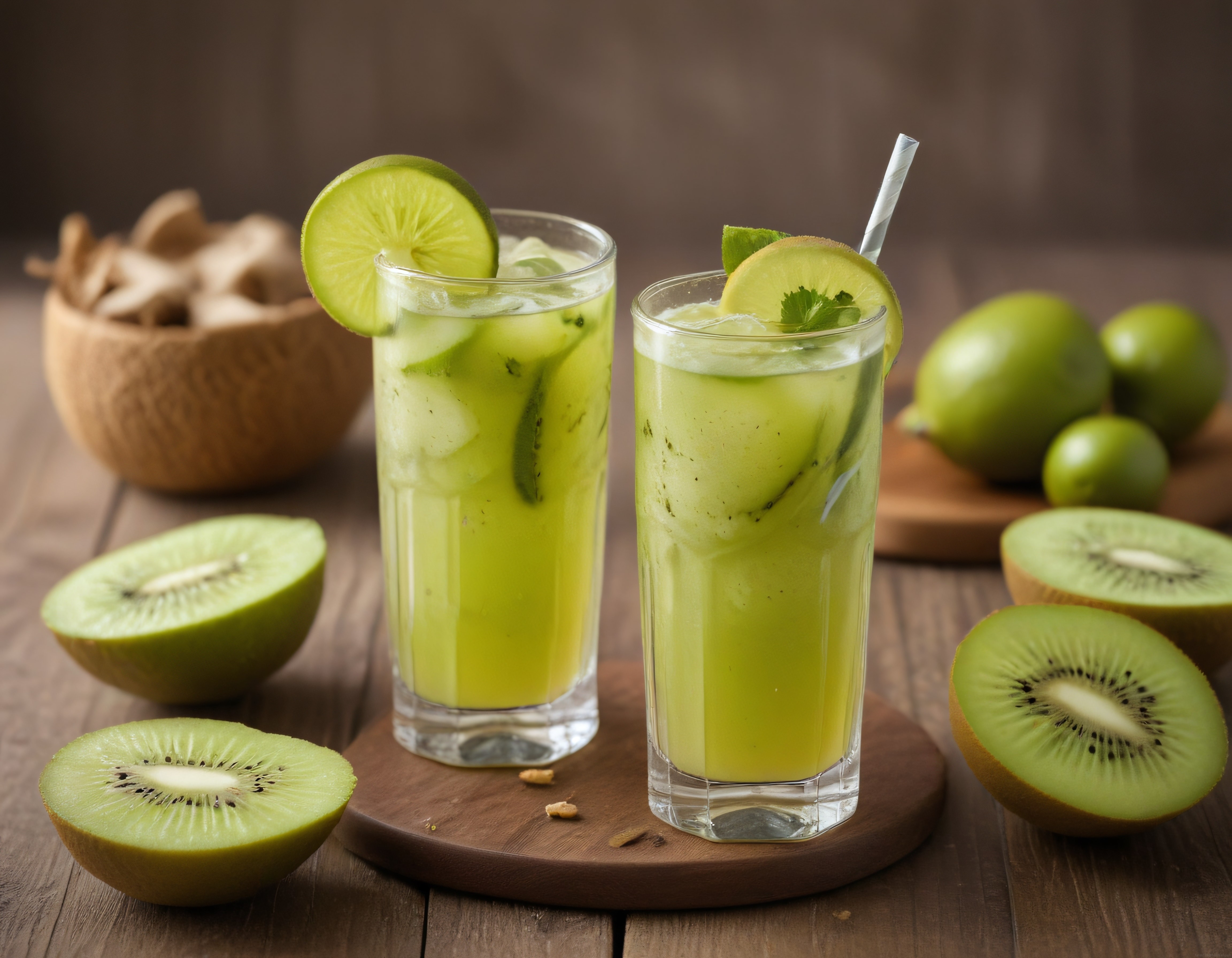 Ahşap Masa Üzerinde Kivili ve Limonlu Buz Gibi Ferahlatıcı Yaz İçeceği