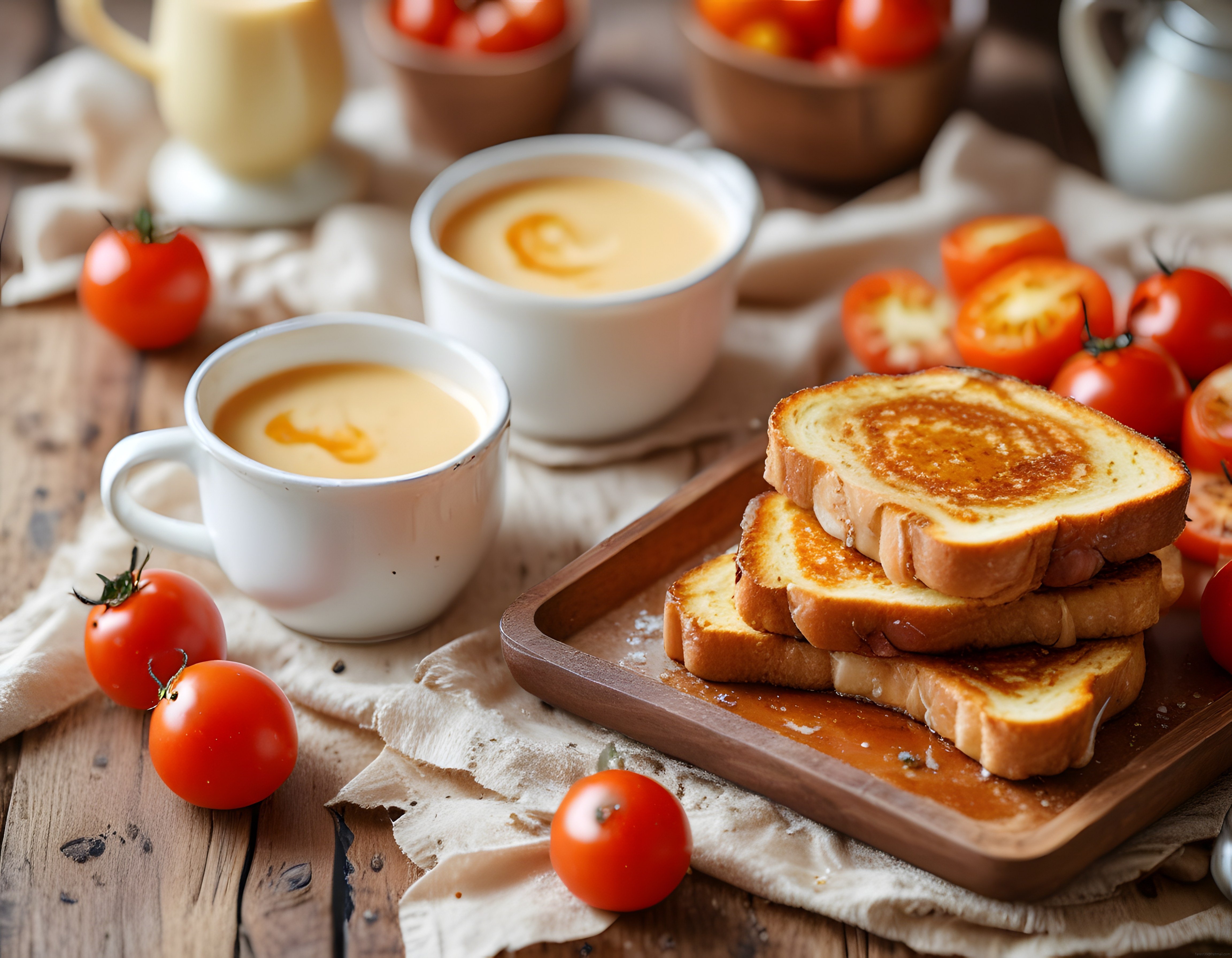 Ahşap Masa Üzerinde Kızarmış Ekmek ve Kremalı Domates Çorbası Sunumu