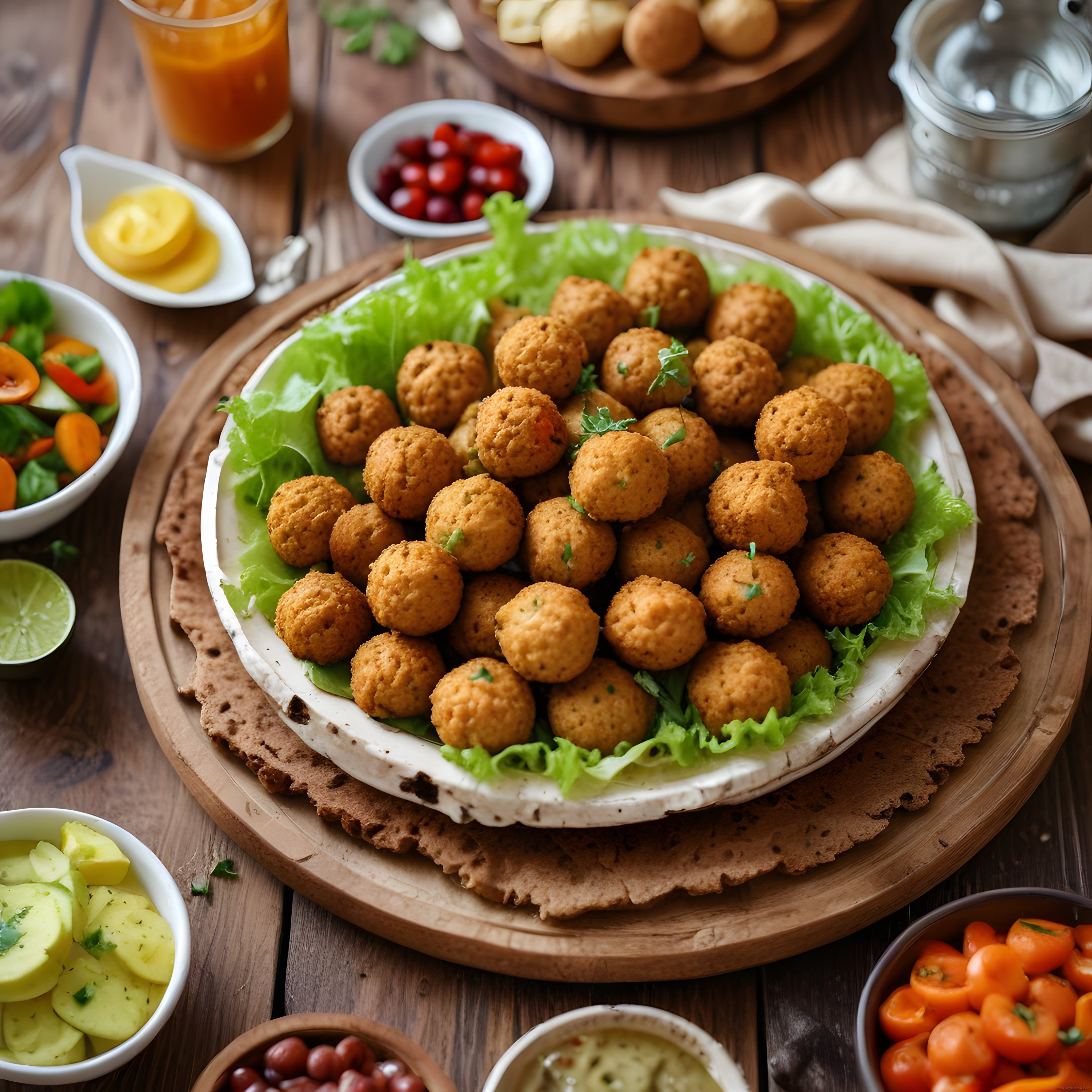 Ahşap Masa Üzerinde Kızarmış Falafel Tabağı ve Yanındaki Renkli Mezeler