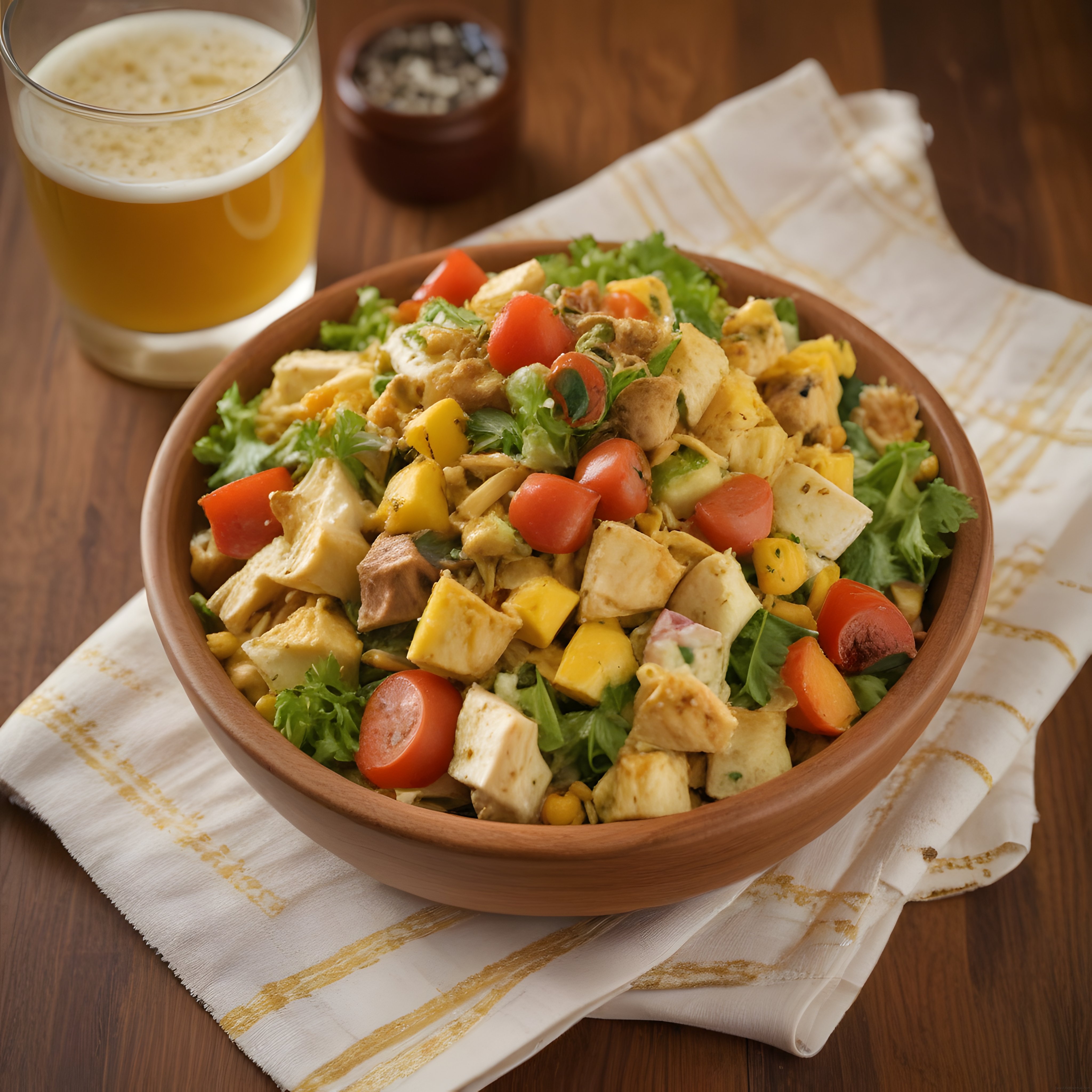 Ahşap Masa Üzerinde Köpüklü Bira Eşliğinde Tavuklu Salata Sunumu
