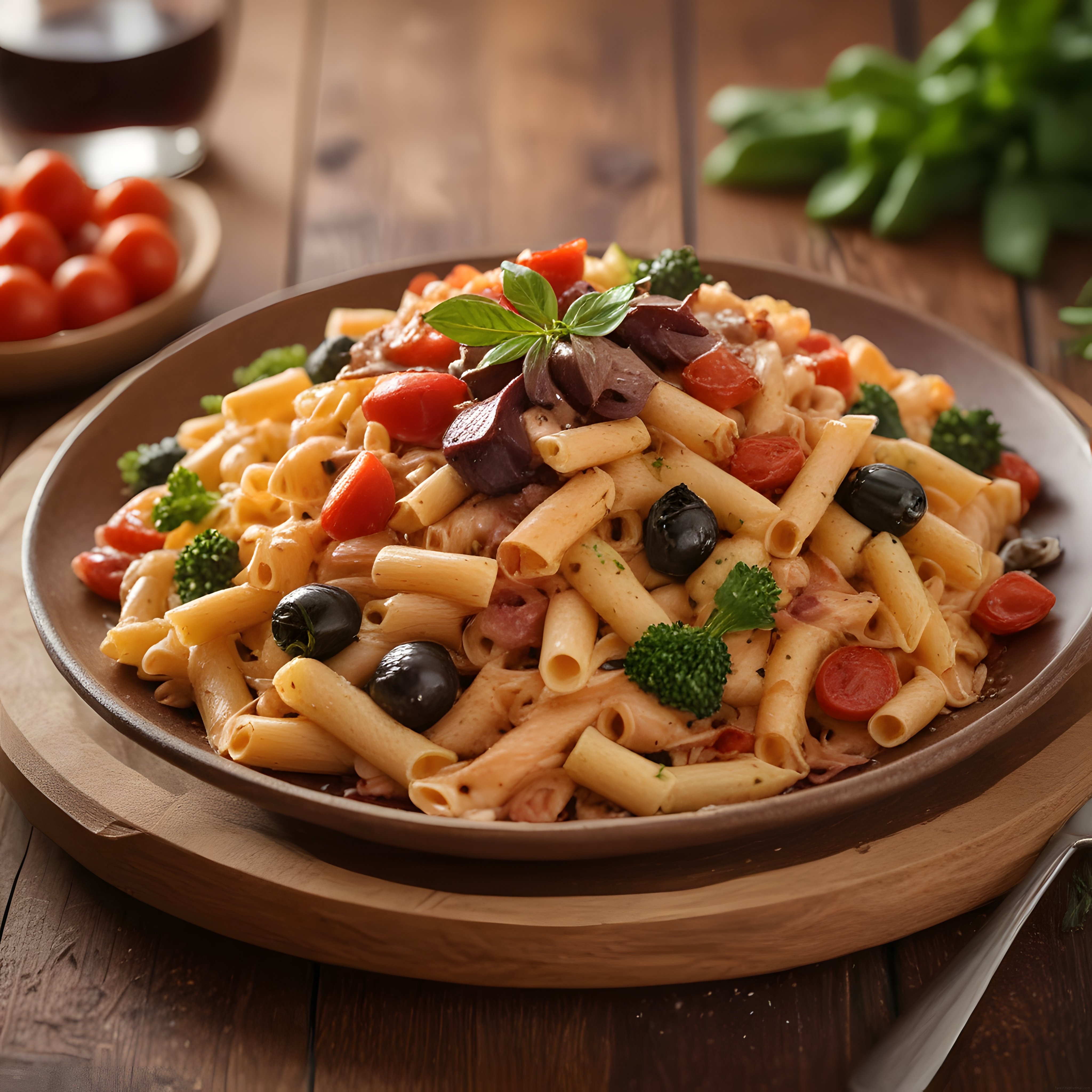 Ahşap Masa Üzerinde Kremalı Penne Makarna ve Taze Sebzelerle Renkli Sunum
