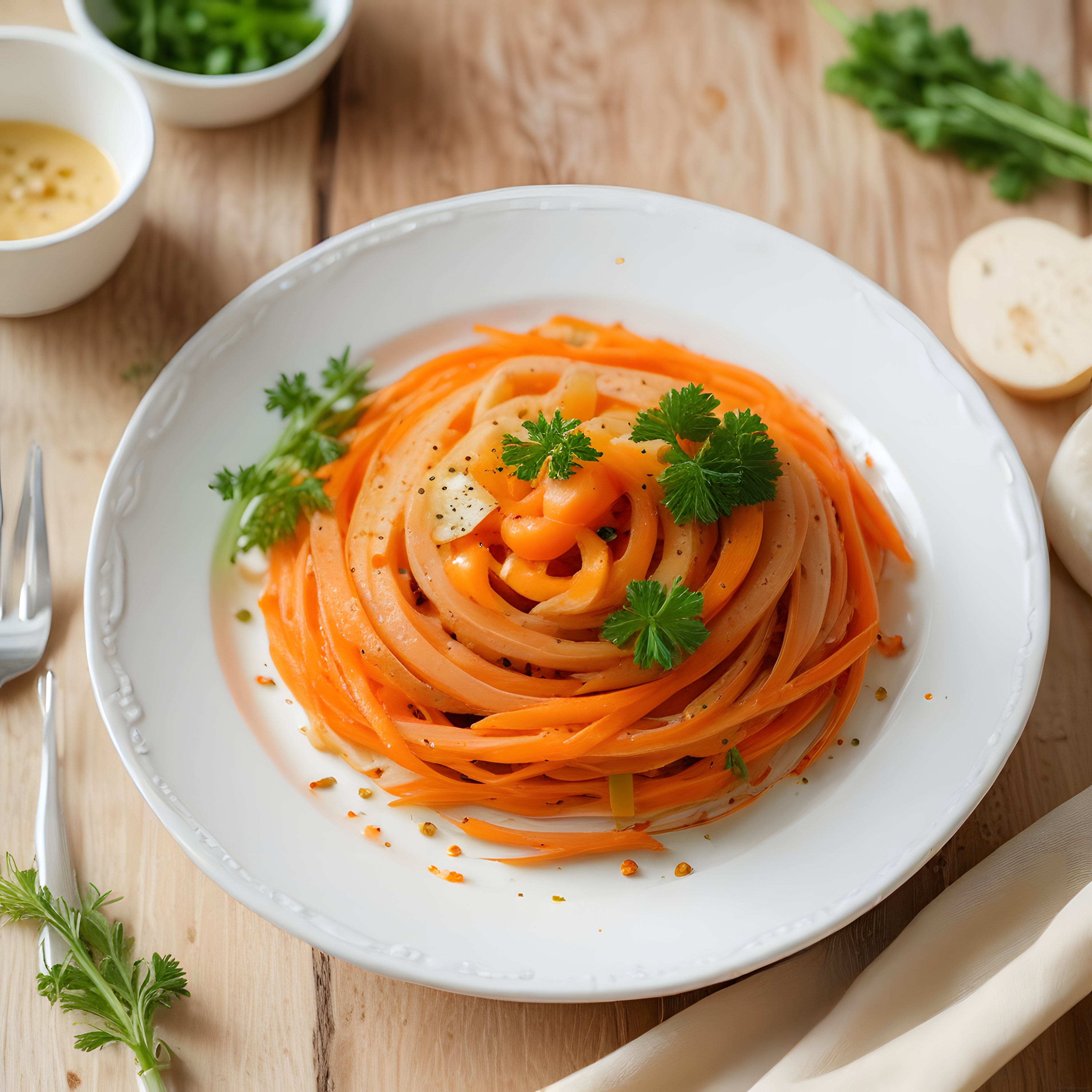 Ahşap Masa Üzerinde Kremalı Sebze Spagetti Sunumu ve Taze Yeşillikler