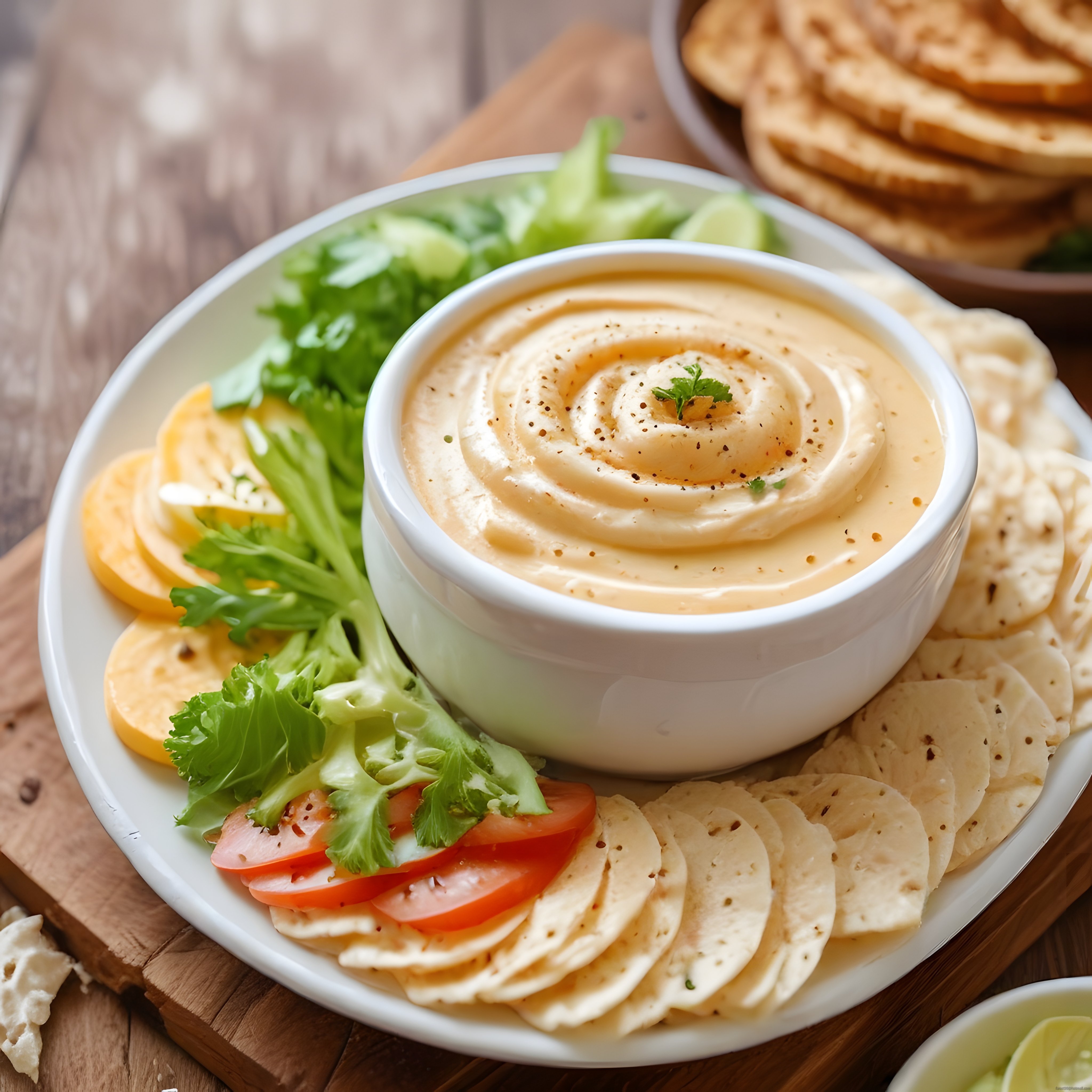 Ahşap Masa Üzerinde Kremasımsı Humus Kasesi ve Taze Atıştırmalık Çeşitleri