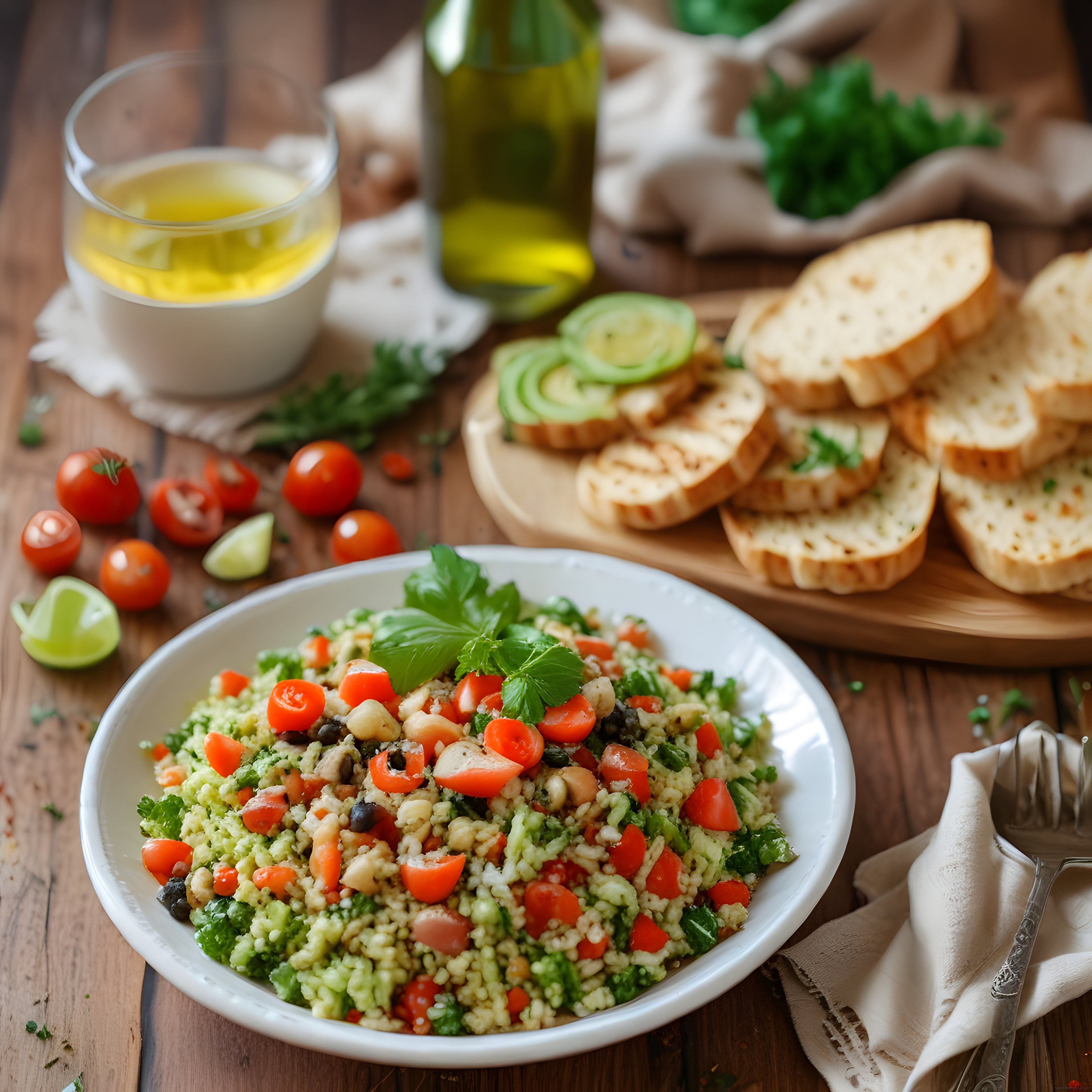 ahşap masa üzerinde kuskus salatası ve ekmek dilimleriyle akşam sofrası