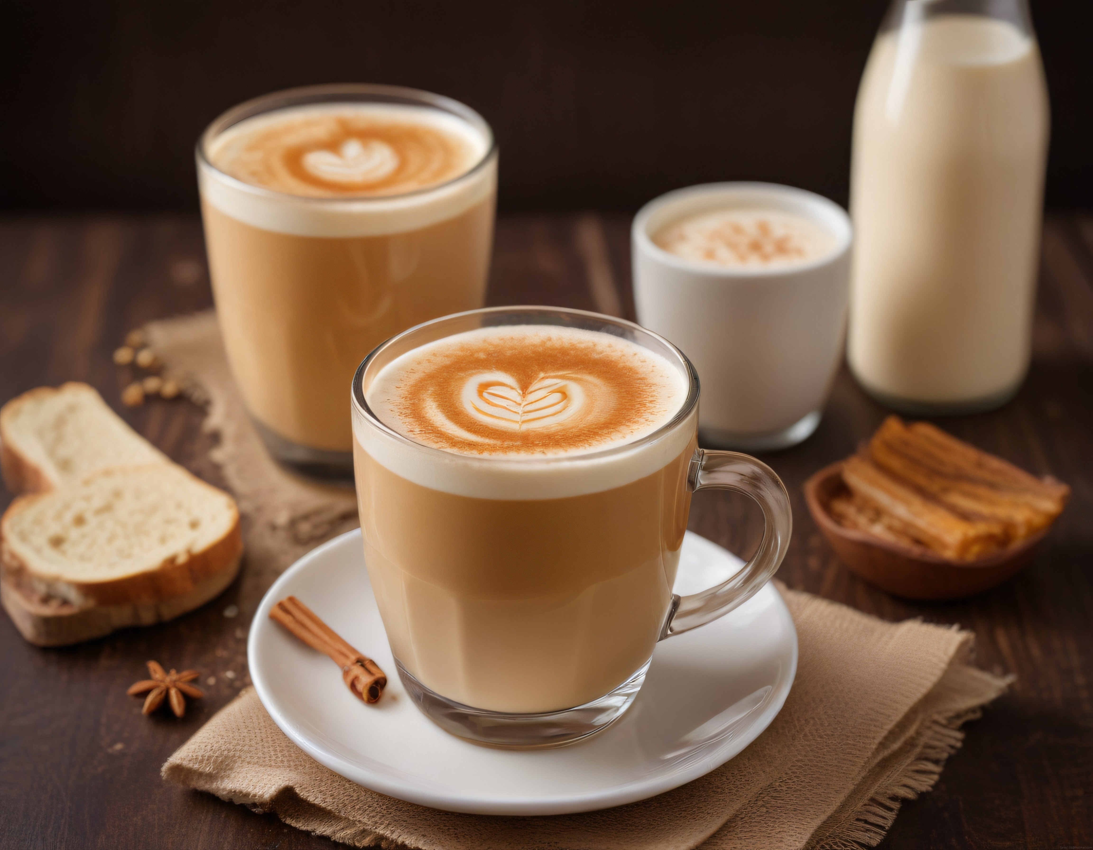 Ahşap Masa Üzerinde Latte Art Desenli Sıcak Kahve ve Kahvaltı Sunumu