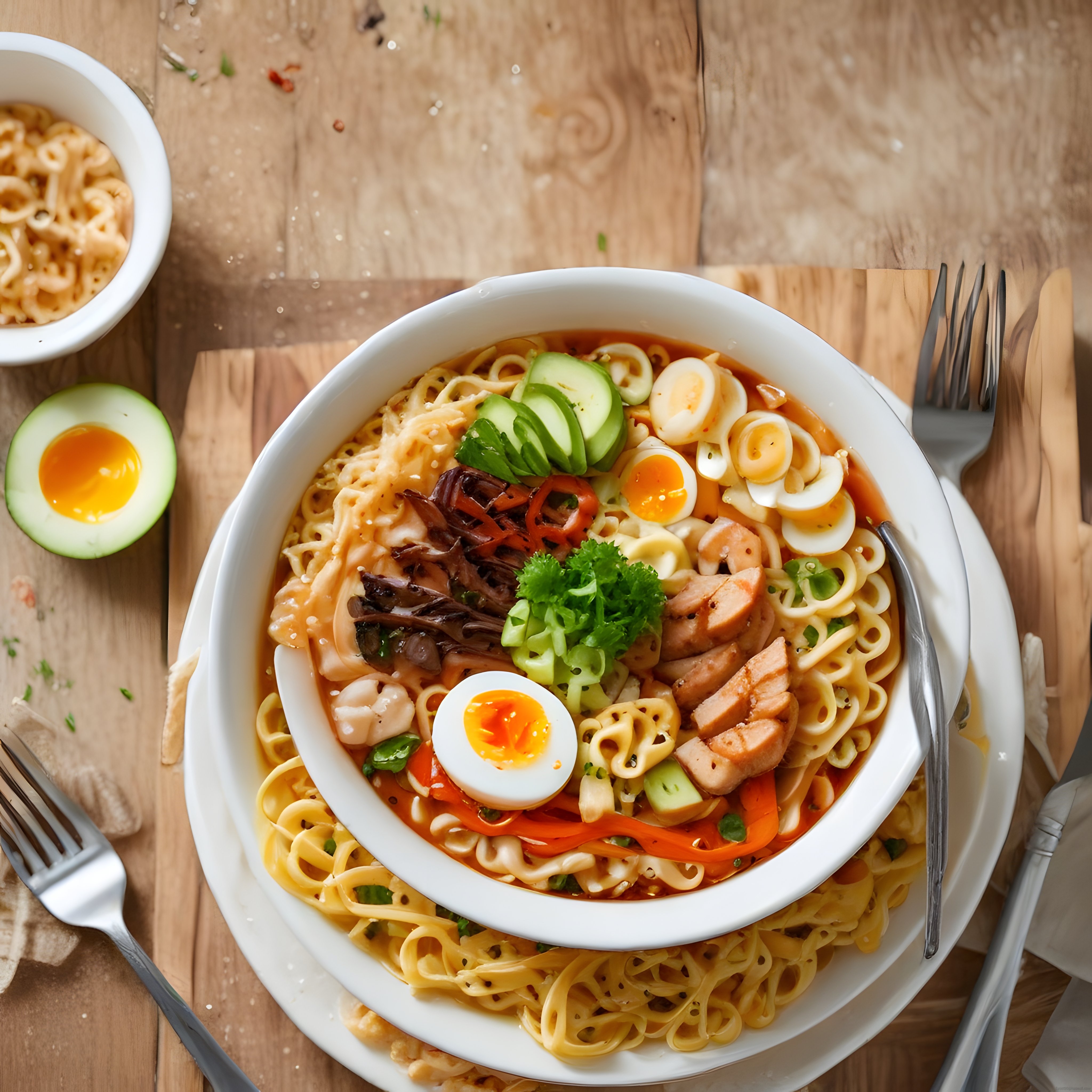 Ahşap Masa Üzerinde Leziz Tavuklu ve Yumurtalı Ramen Noodle Kasesi