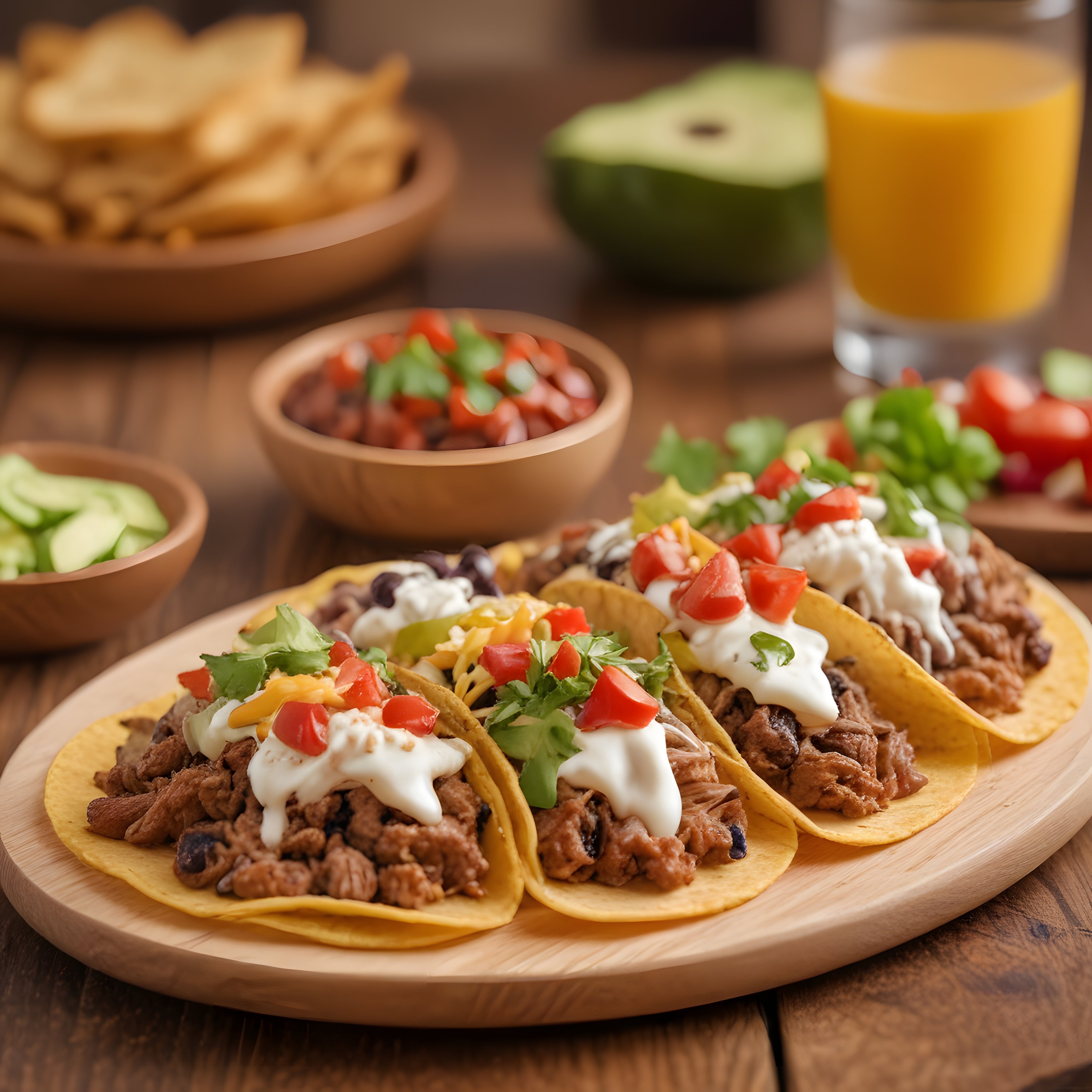 Ahşap Masa Üzerinde Meksika Usulü Etli Taco ve Taze Sosların Renkli Sunumu