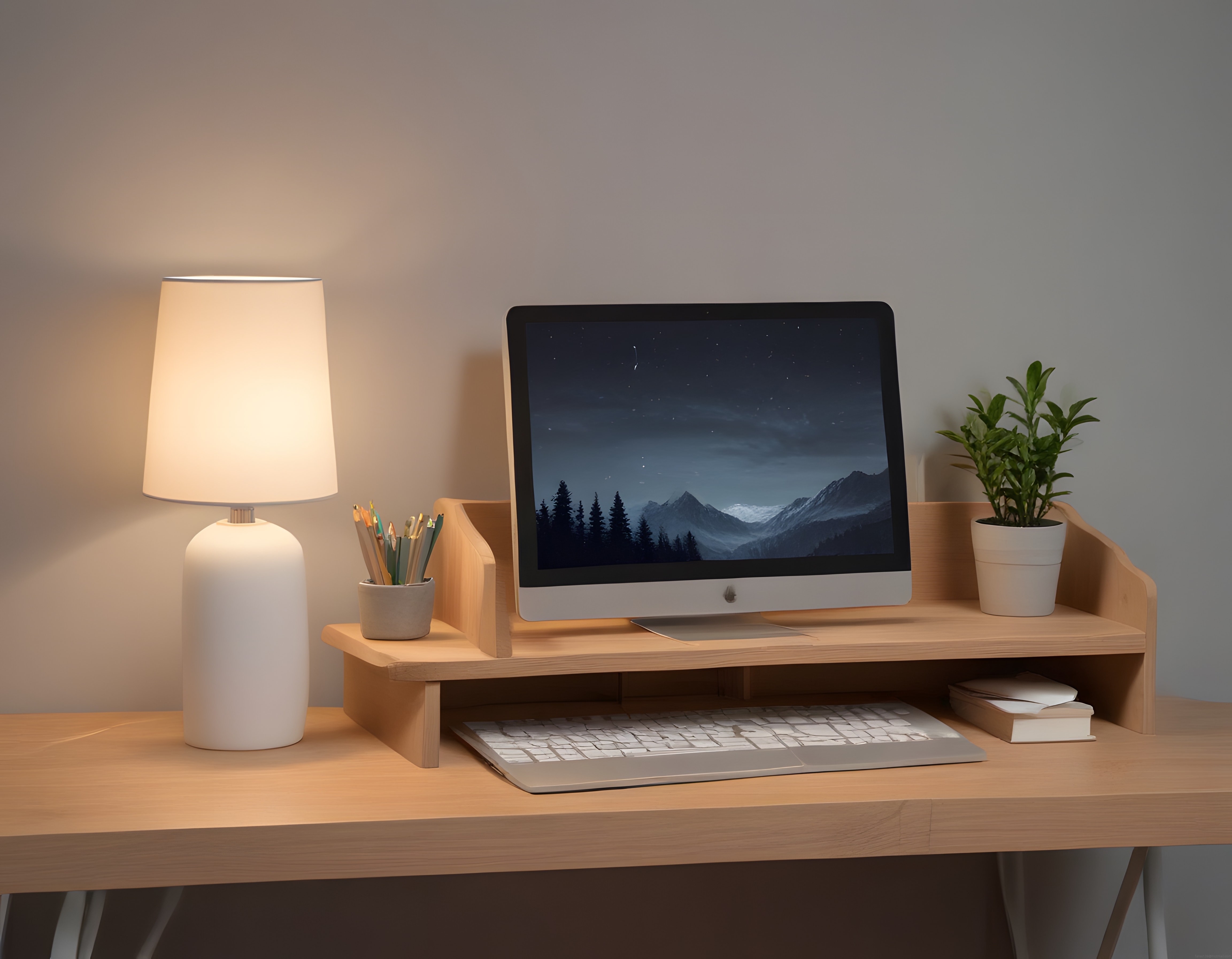 Ahşap Masa Üzerinde Minimalist Ev Ofis Düzeni ve Sıcak Işıklı Çalışma Alanı