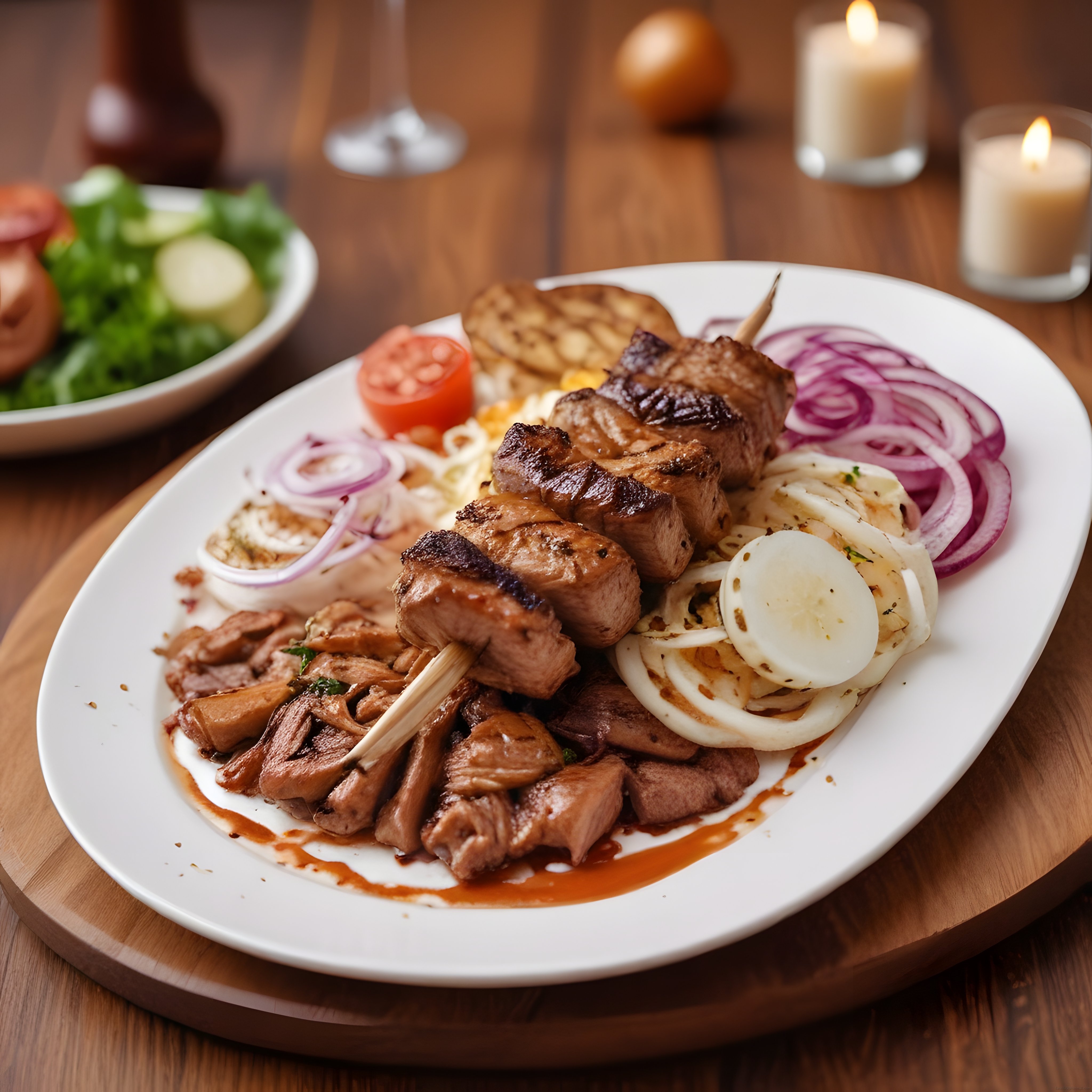 ahşap masa üzerinde mum ışığında ızgara et tabağı ve taze salata sunumu