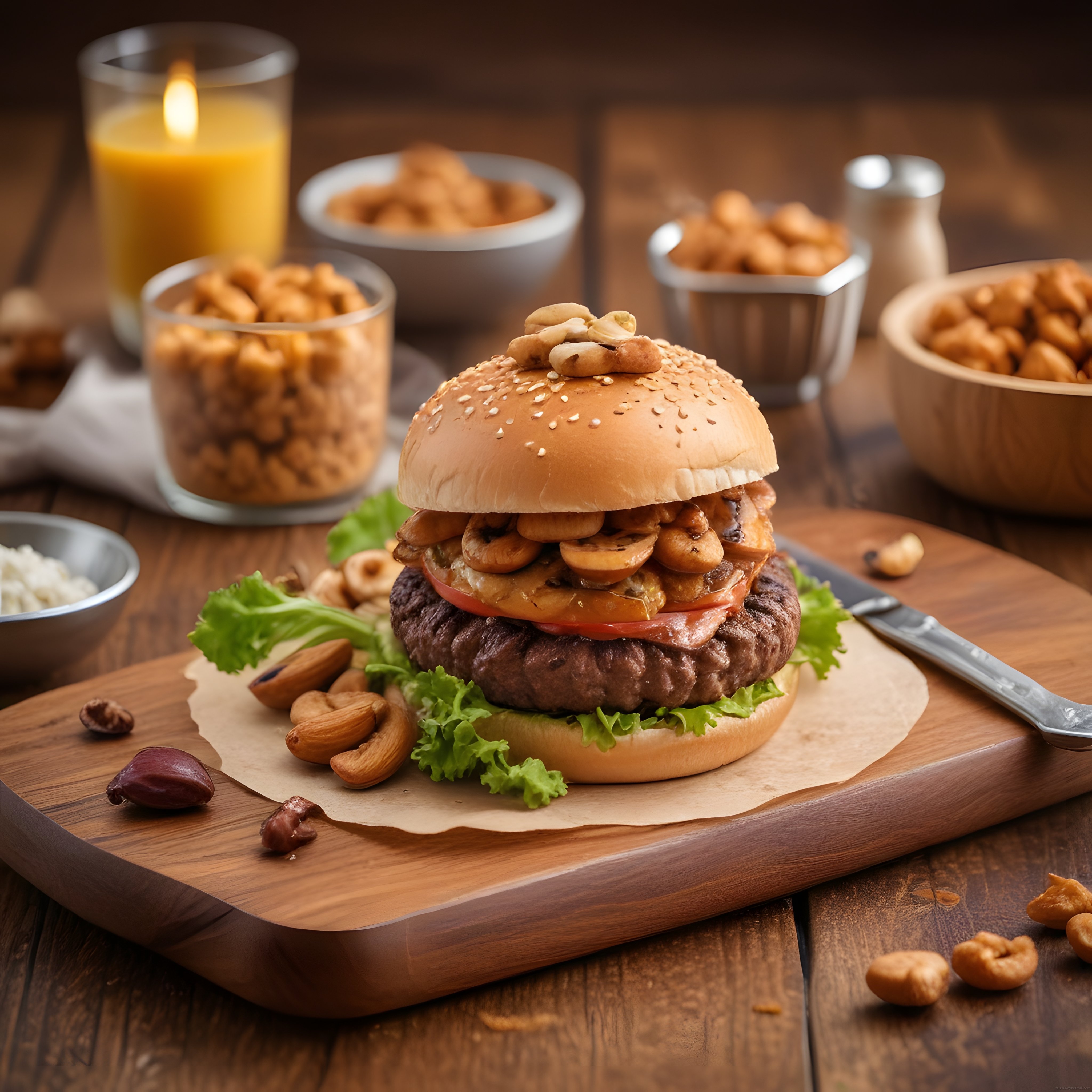 Ahşap Masa Üzerinde Mum Işığında Kuruyemişli Gurme Burger Sunumu