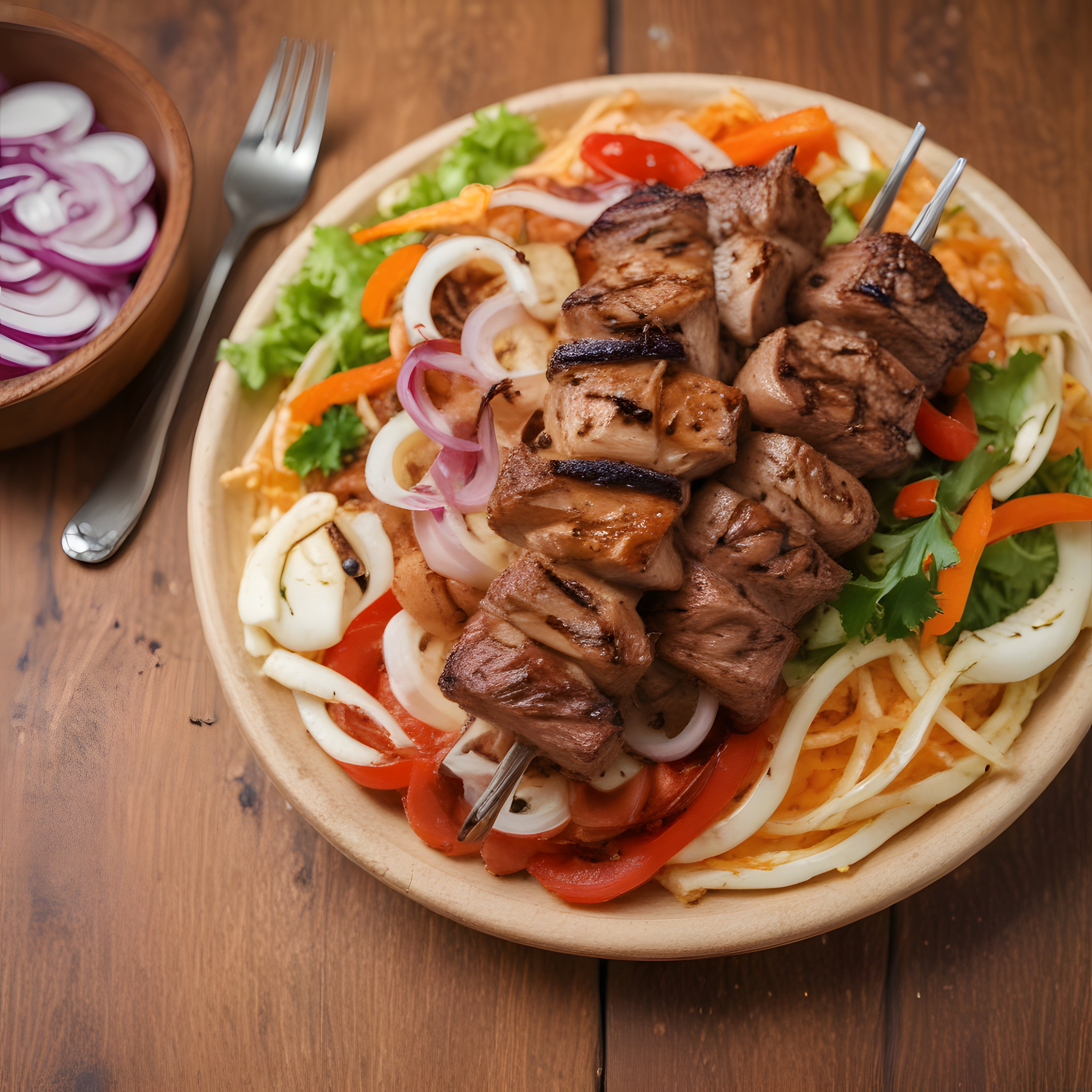 Ahşap Masa Üzerinde Nefis Izgara Et Şiş ve Renkli Sebze Salatası Sunumu
