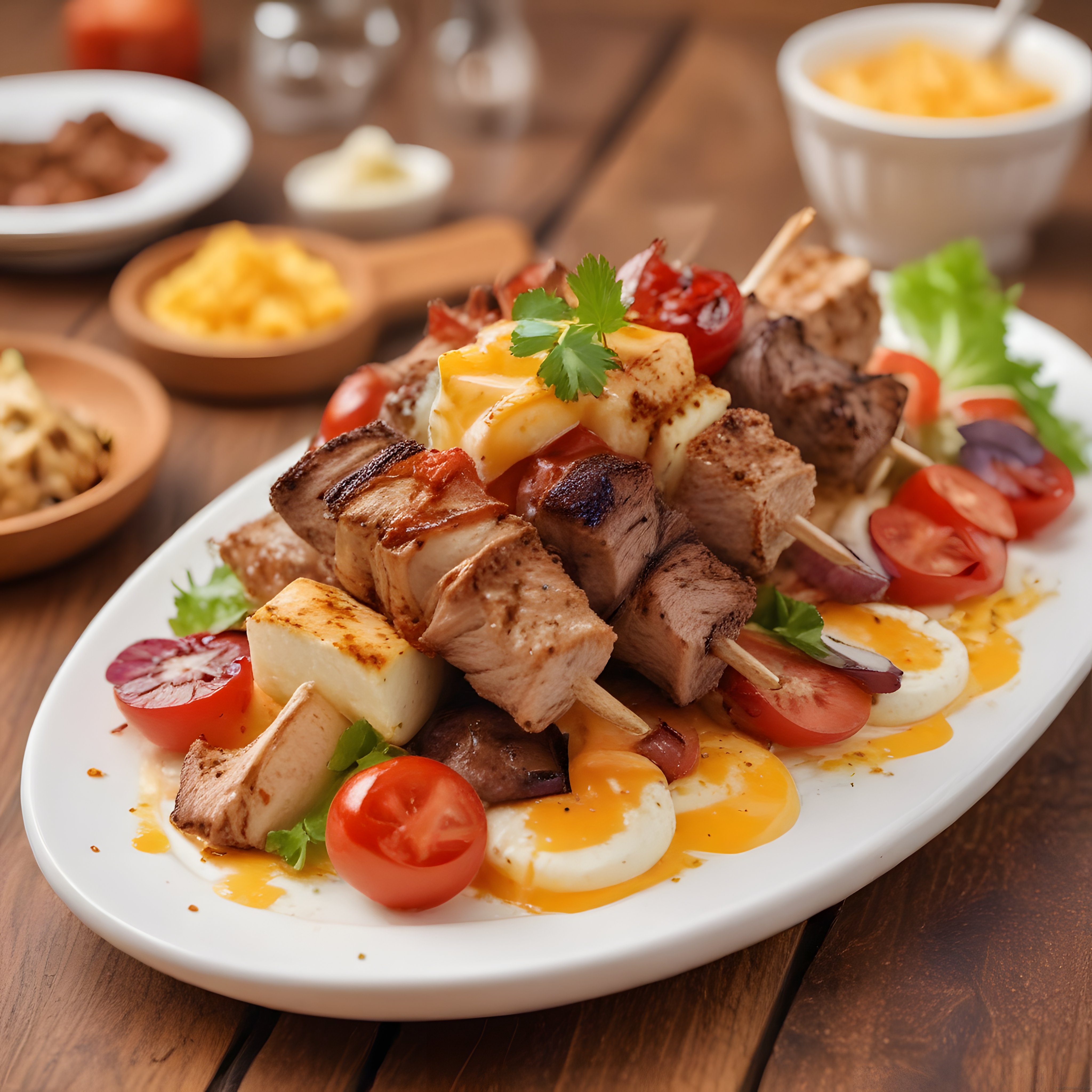 Ahşap masa üzerinde nefis ızgara şiş kebap ve peynirli et tabağı