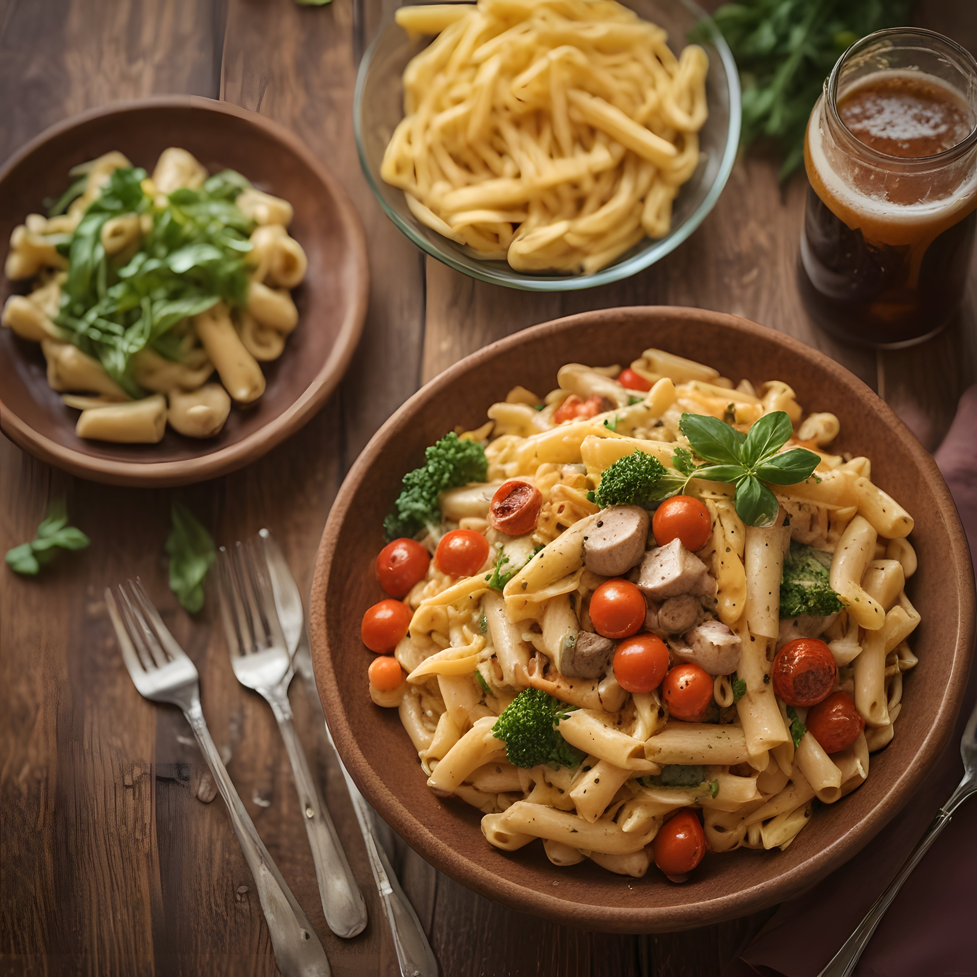 Ahşap Masa Üzerinde Nefis Sosisli Sebzeli Penne Makarna Tarifi ve Sunumu