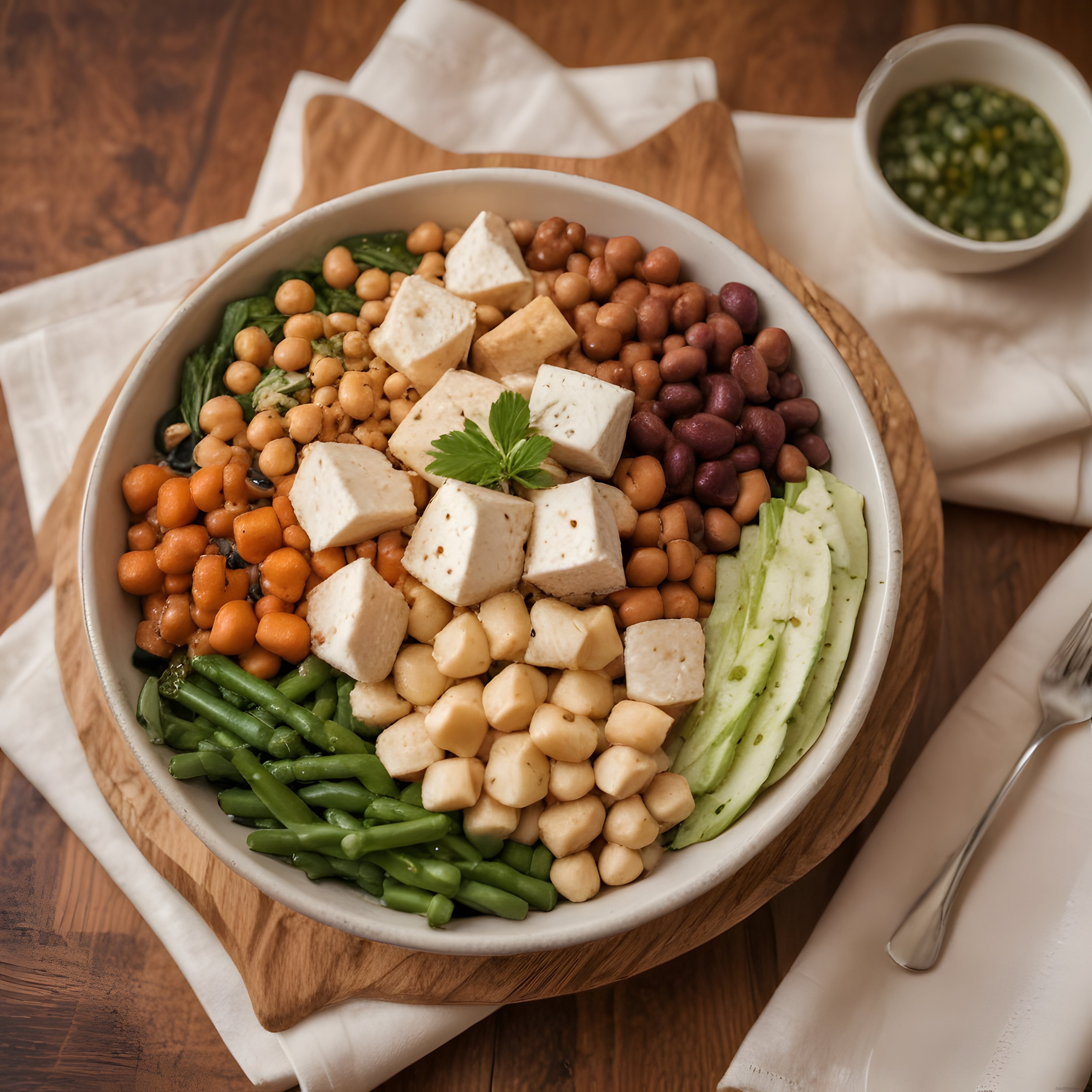 Ahşap Masa Üzerinde Nohutlu Fasulyeli Sağlıklı Buddha Bowl Sunumu